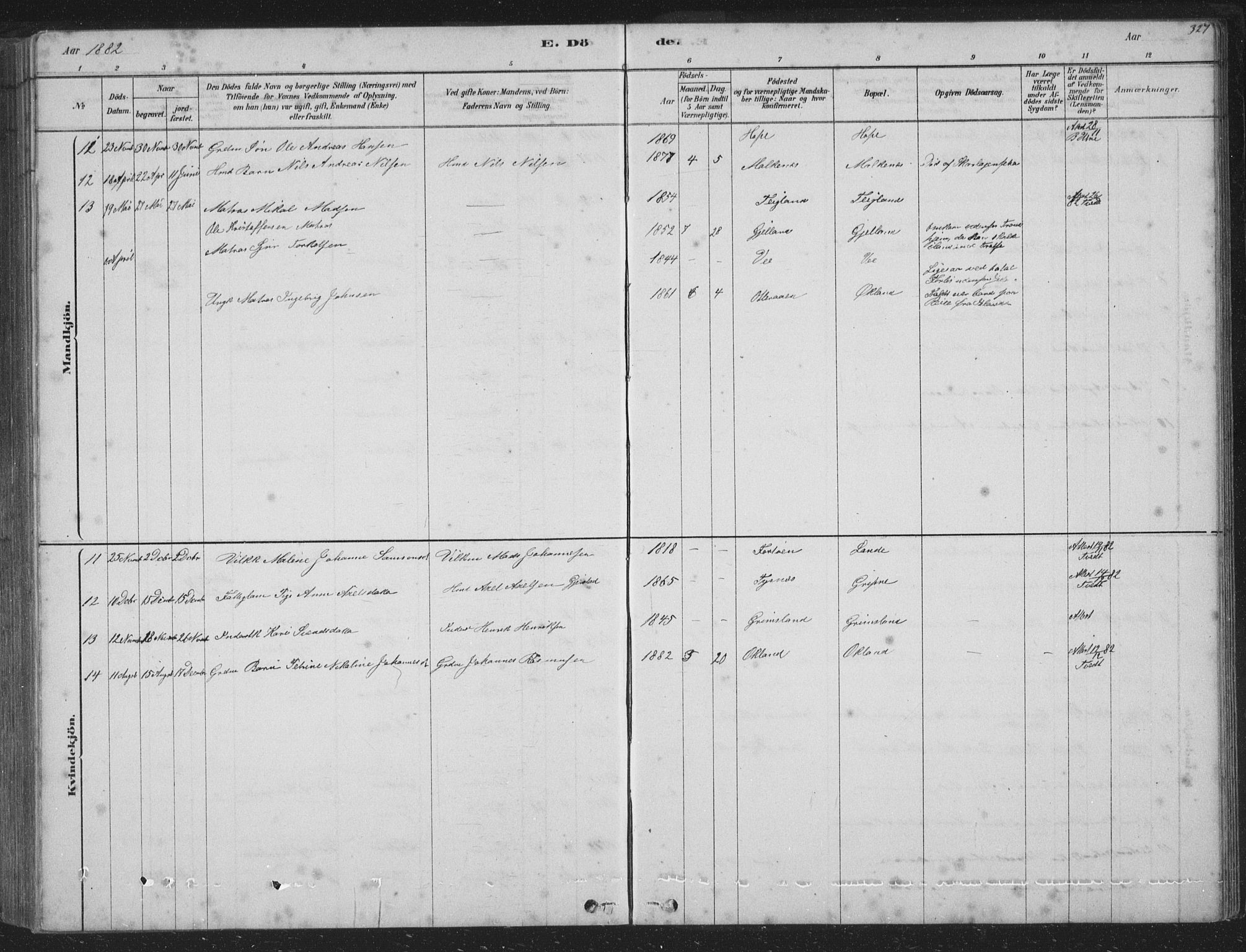 Tysnes sokneprestembete, SAB/A-78601/H/Hab: Parish register (copy) no. B 2, 1878-1918, p. 327