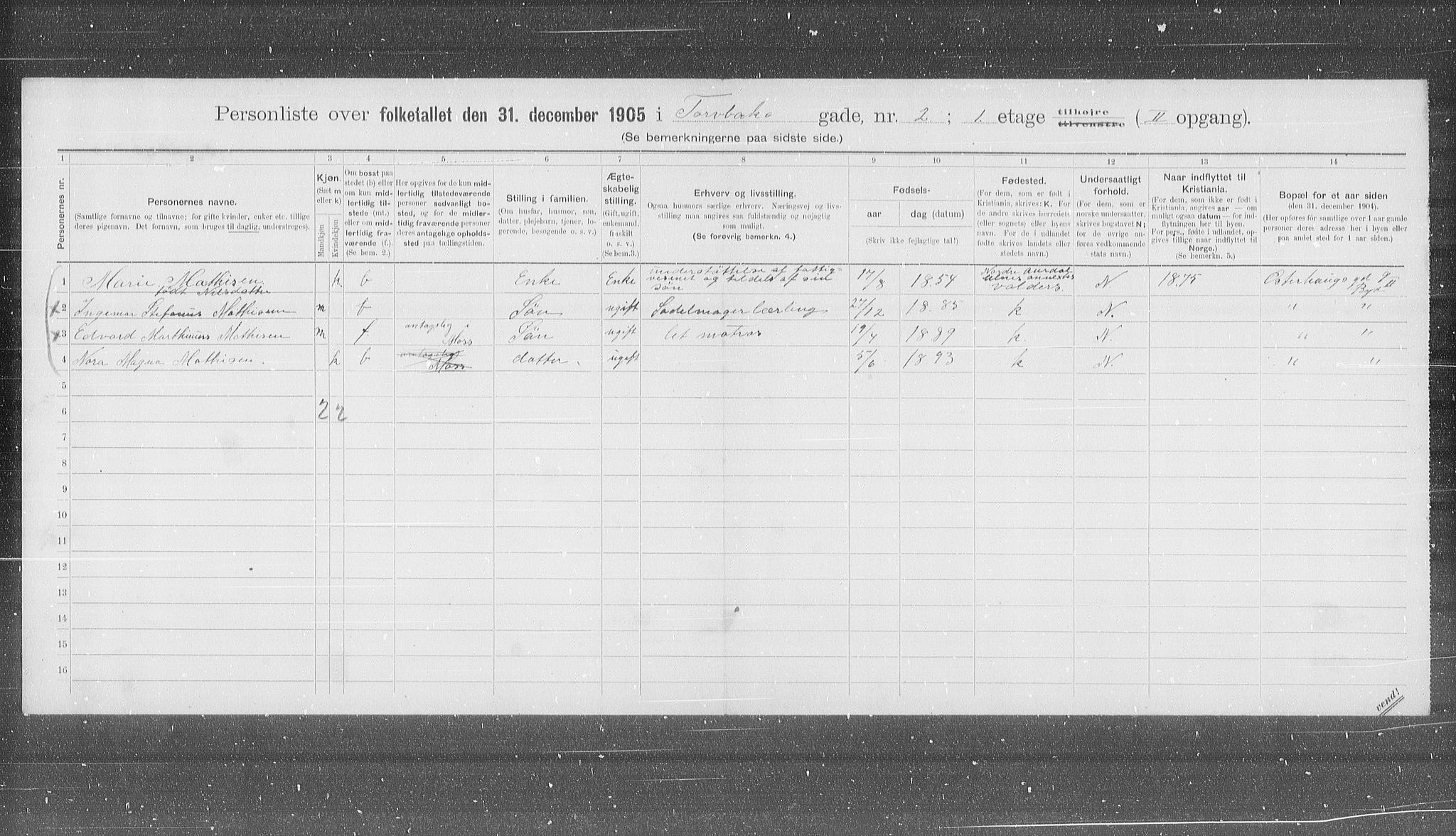 OBA, Municipal Census 1905 for Kristiania, 1905, p. 60155