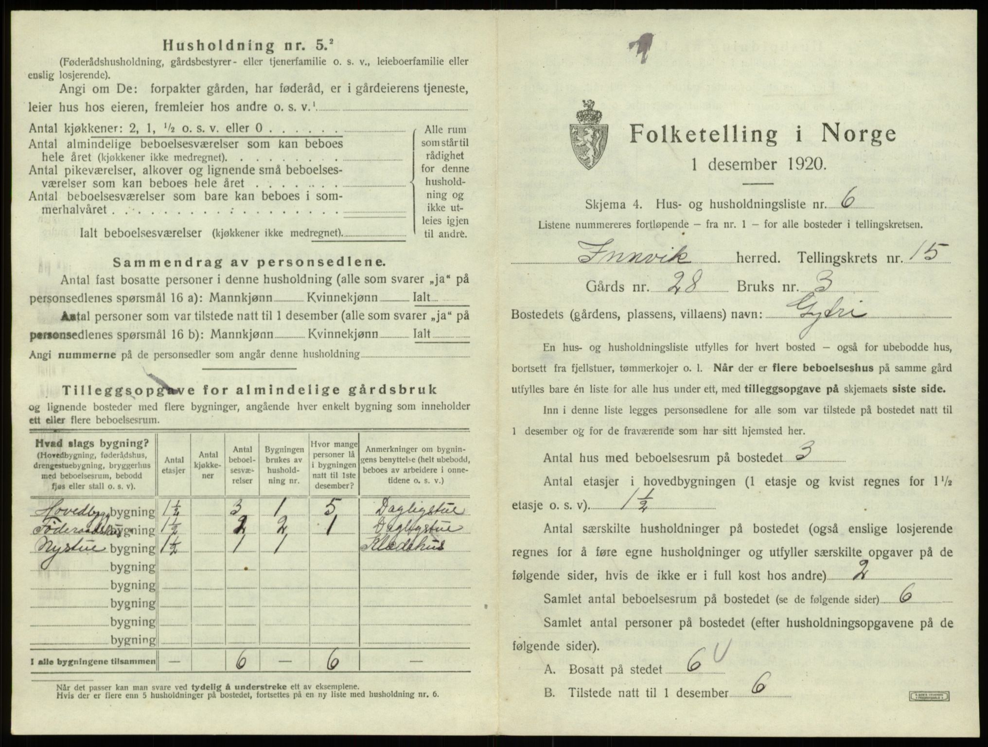 SAB, 1920 census for Innvik, 1920, p. 927