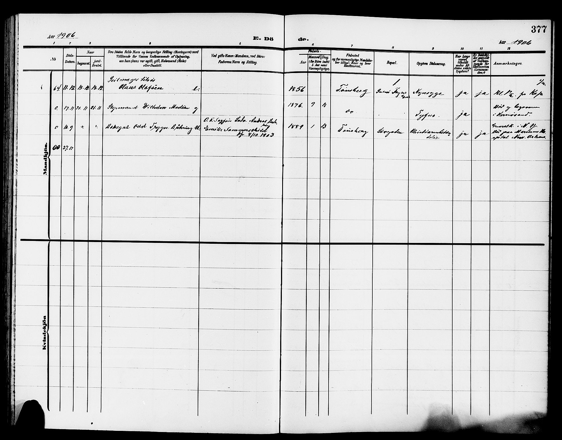 Tønsberg kirkebøker, AV/SAKO-A-330/G/Ga/L0008: Parish register (copy) no. 8, 1905-1912, p. 377