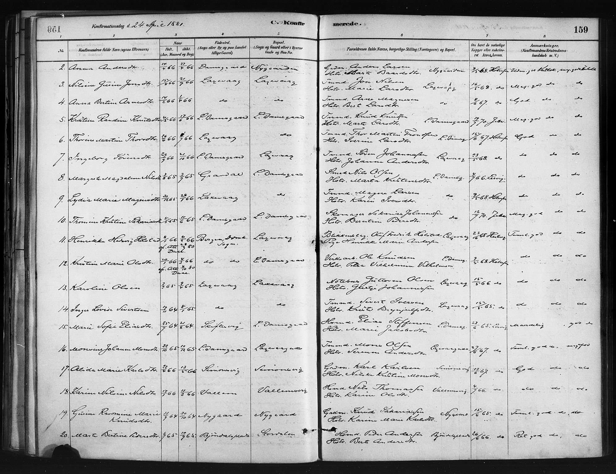 Askøy Sokneprestembete, SAB/A-74101/H/Ha/Haa/Haae/L0002: Parish register (official) no. E 2, 1878-1891, p. 159