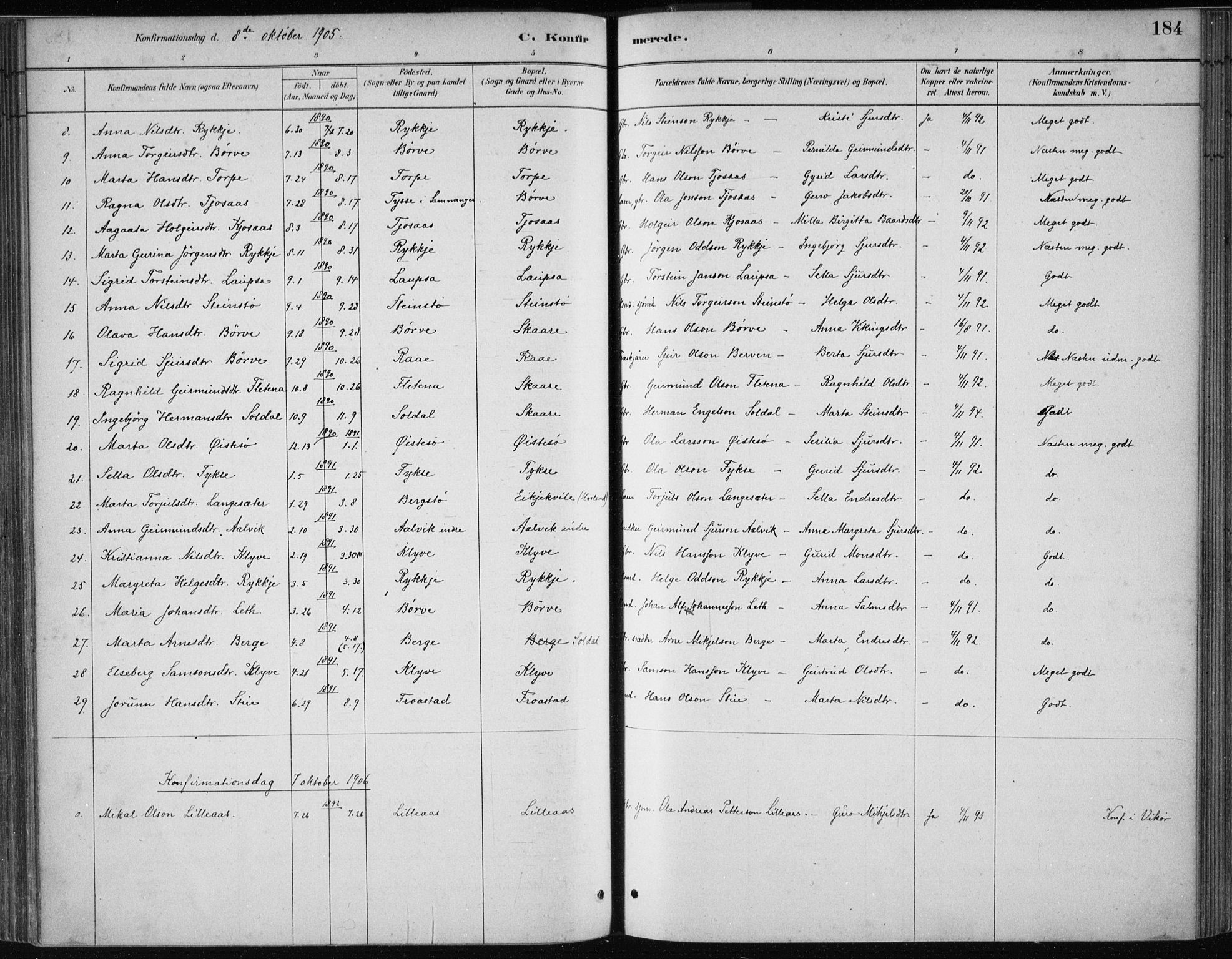 Kvam sokneprestembete, AV/SAB-A-76201/H/Haa: Parish register (official) no. C  1, 1880-1906, p. 184