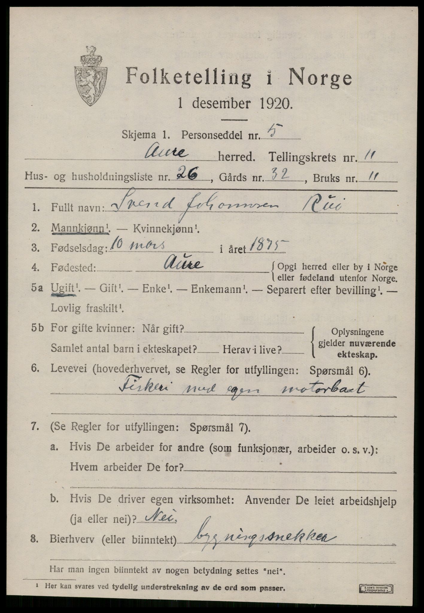 SAT, 1920 census for Aure, 1920, p. 4536