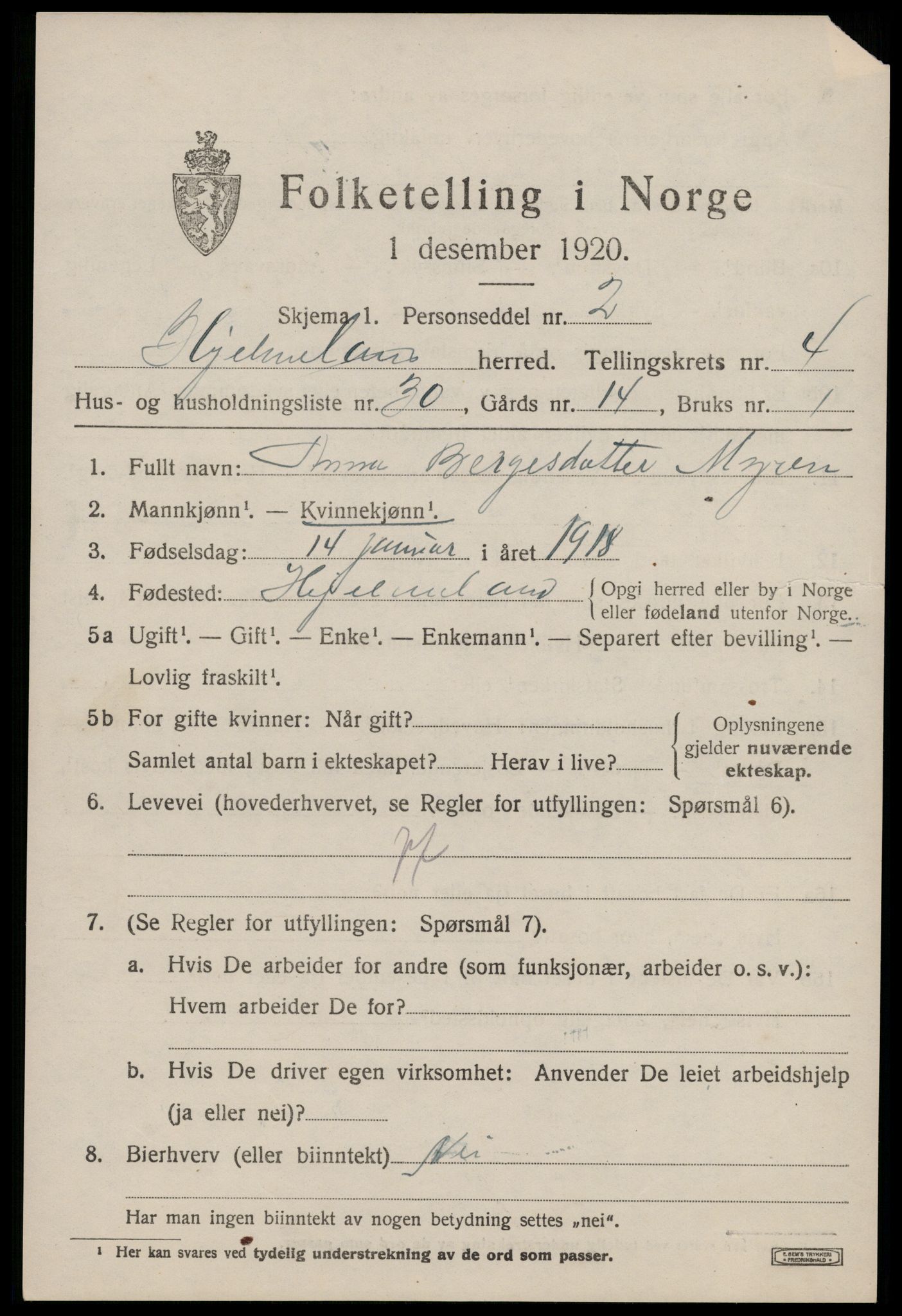 SAST, 1920 census for Hjelmeland, 1920, p. 1811