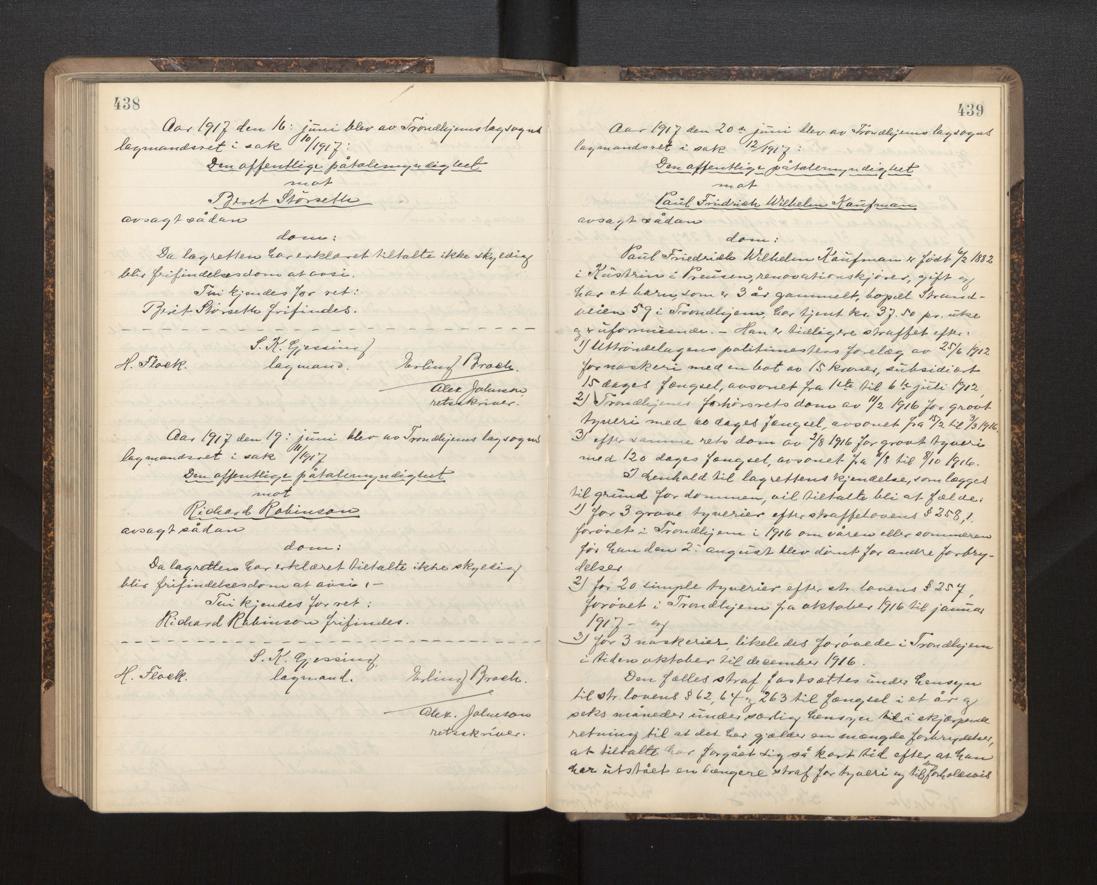 Gulating lagmannsrett, AV/SAB-A-60201/D/Da/L0005: Domsprotokoll for straffesaker - Gula- og Frostating lagdømme, 1912-1918, p. 438-439