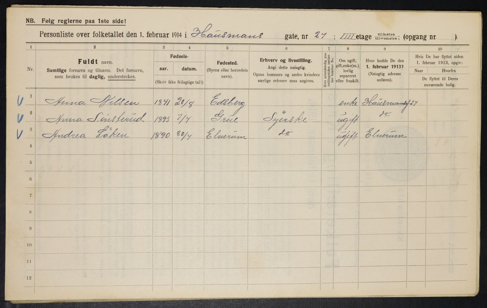 OBA, Municipal Census 1914 for Kristiania, 1914, p. 35262