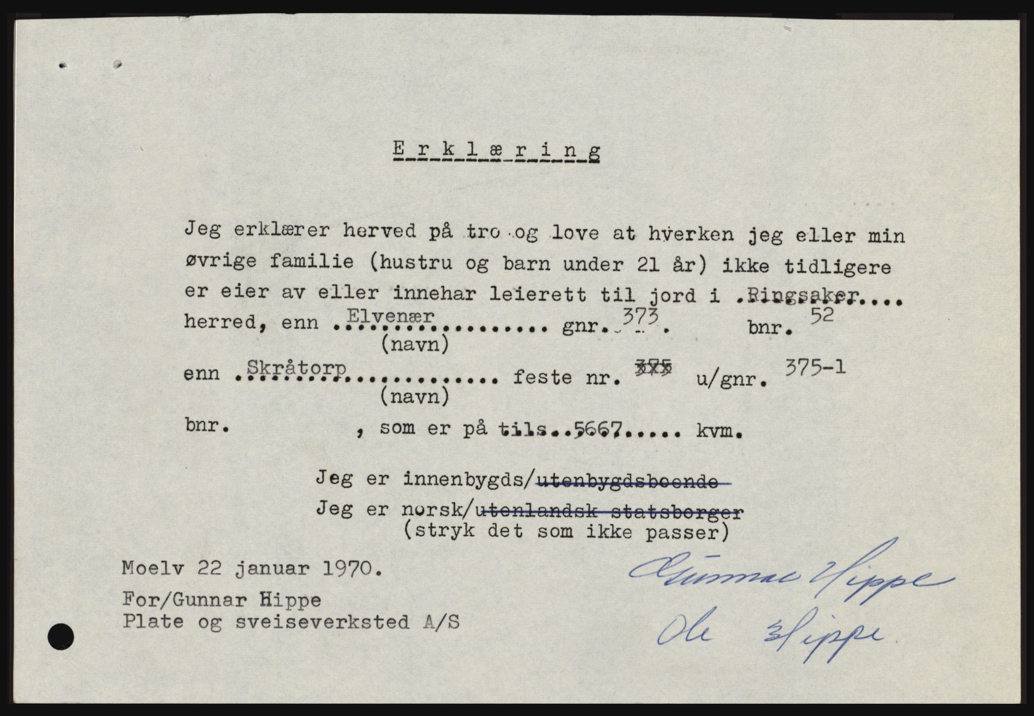 Nord-Hedmark sorenskriveri, SAH/TING-012/H/Hc/L0033: Mortgage book no. 33, 1970-1970, Diary no: : 627/1970