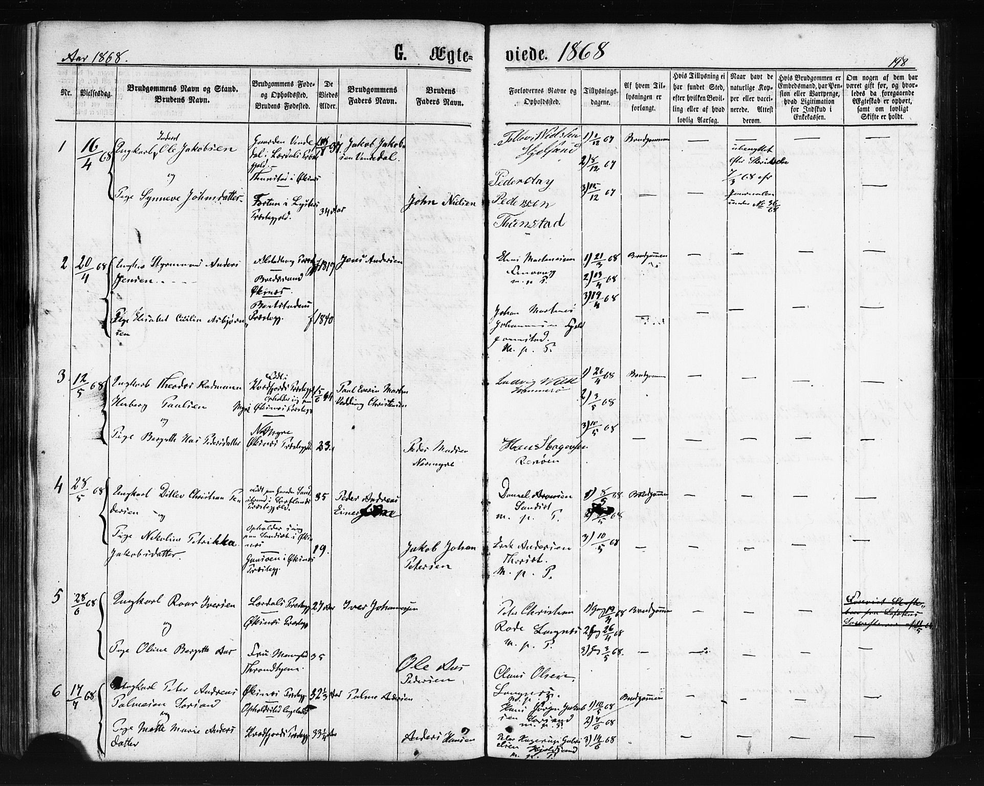 Ministerialprotokoller, klokkerbøker og fødselsregistre - Nordland, SAT/A-1459/893/L1334: Parish register (official) no. 893A07, 1867-1877, p. 198