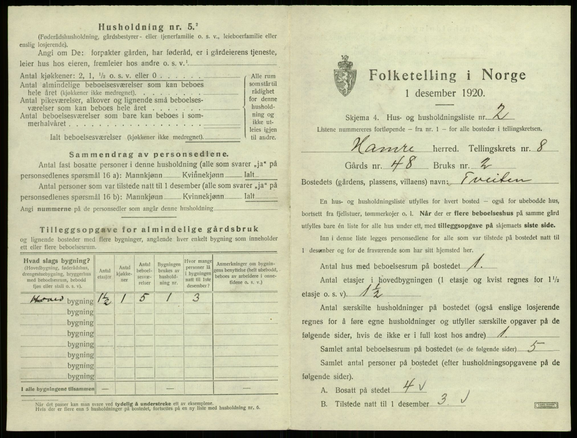 SAB, 1920 census for Hamre, 1920, p. 647