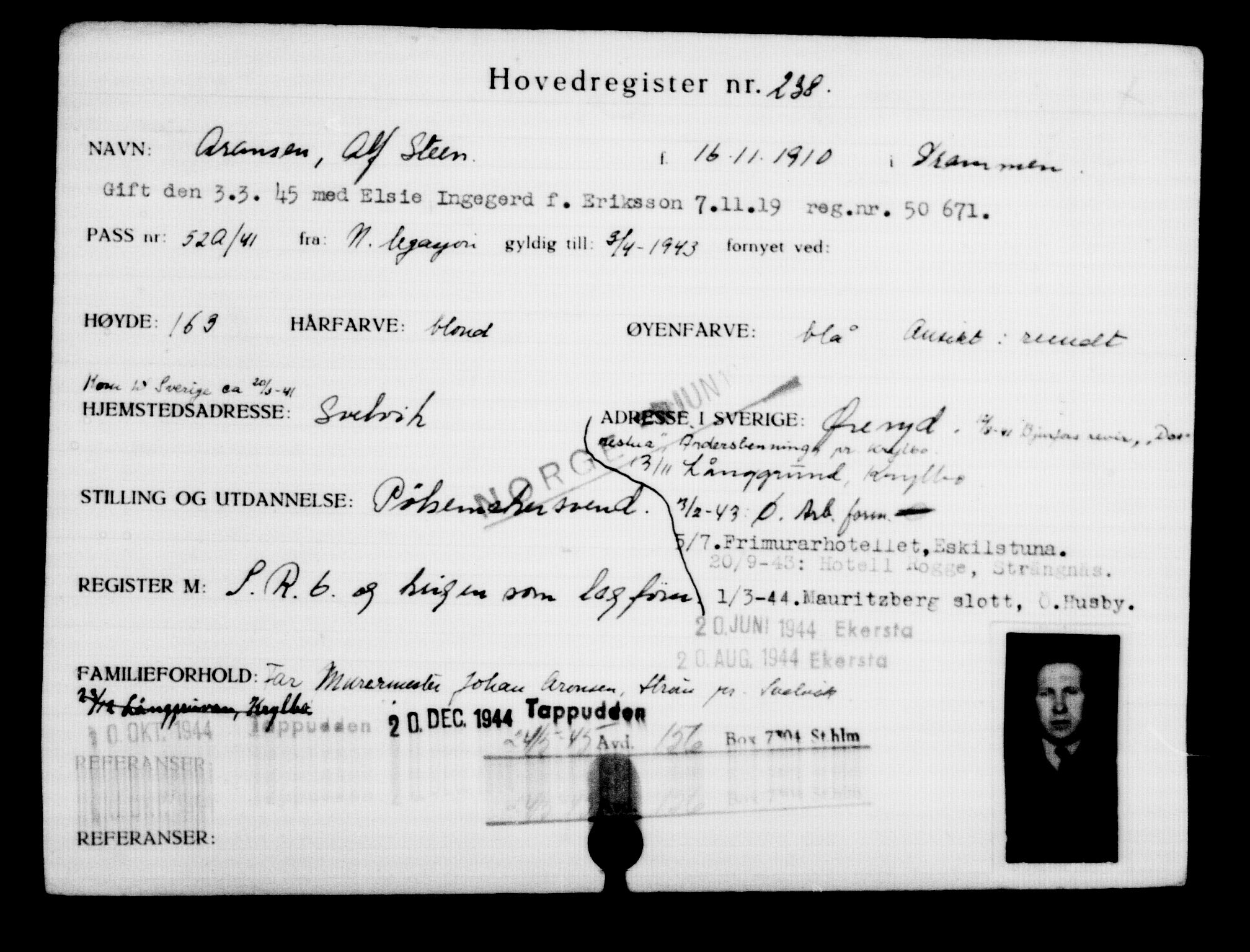 Utenriksstasjonene, Legasjonen i Stockholm, Flyktningkontoret, AV/RA-S-6753/V/Va/L0001: Kjesäterkartoteket, flyktninger med registreringsnr. 1-1000, 1940-1945, p. 381