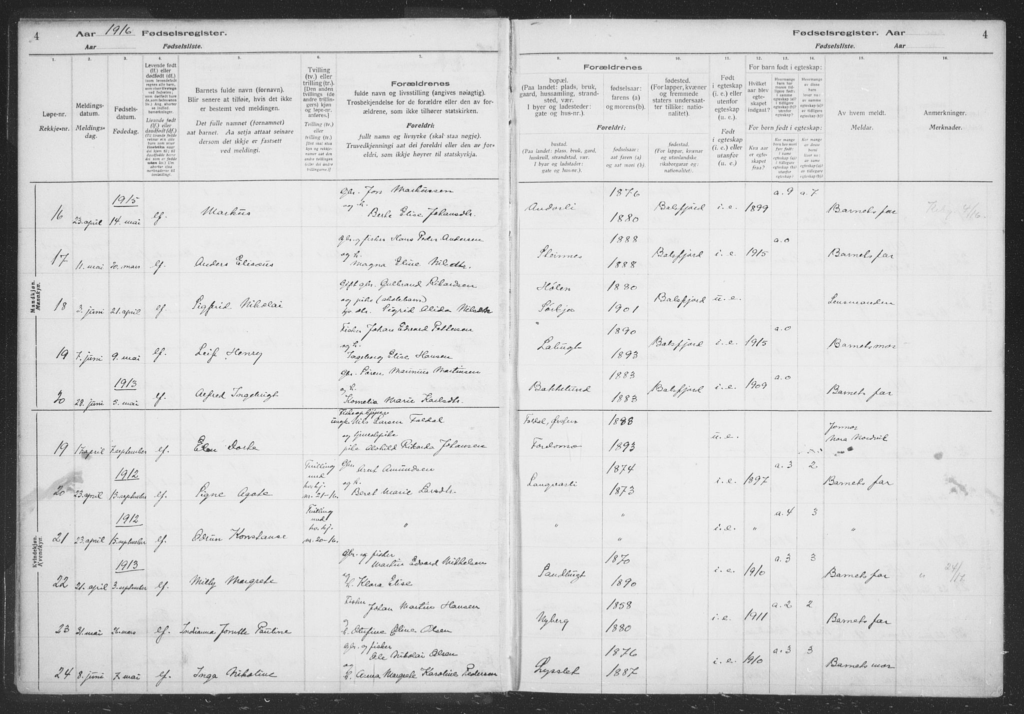 Balsfjord sokneprestembete, AV/SATØ-S-1303/H/Hb/L0059: Birth register no. 59, 1916-1930, p. 4