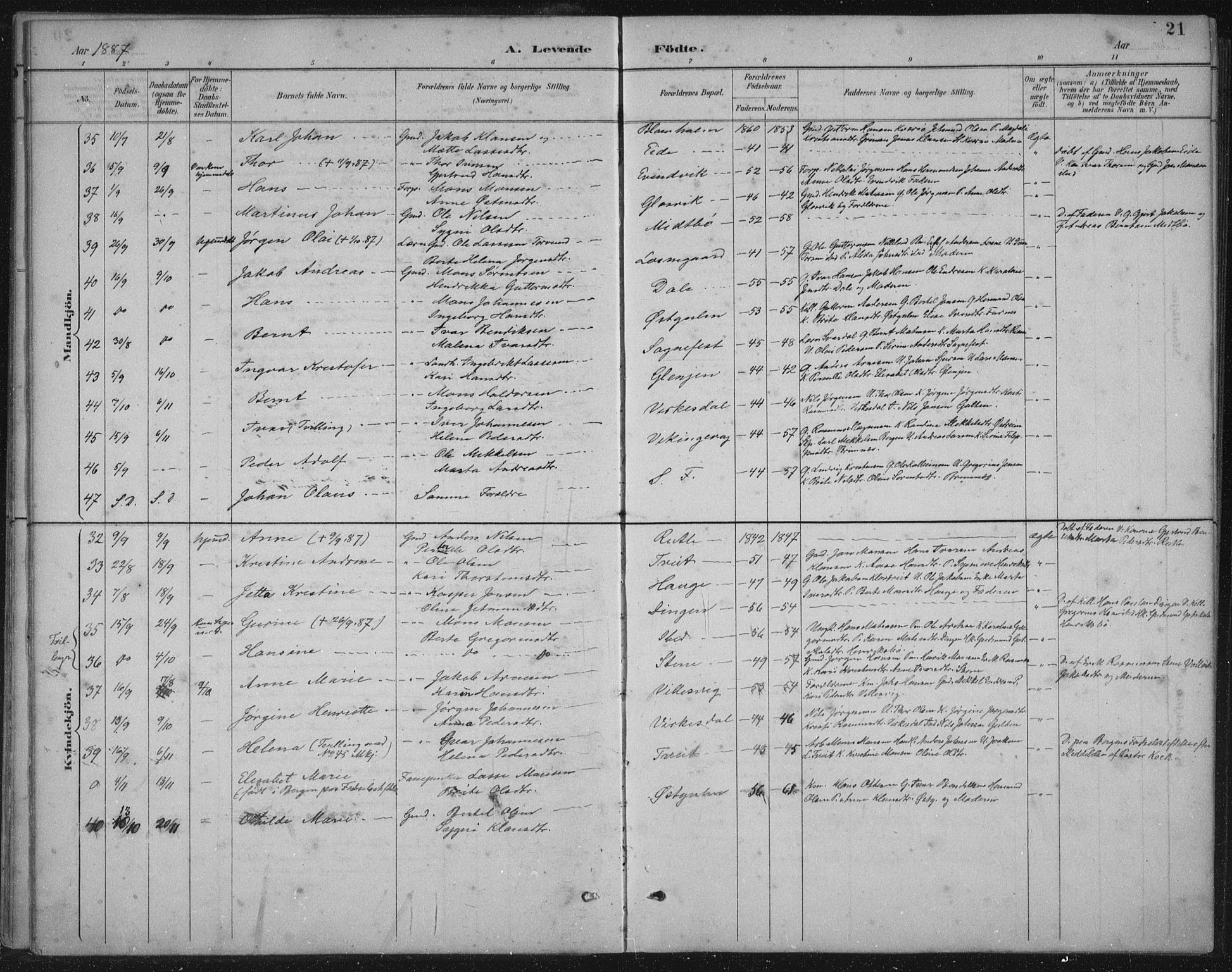 Gulen sokneprestembete, AV/SAB-A-80201/H/Hab/Habb/L0003: Parish register (copy) no. B 3, 1884-1907, p. 21