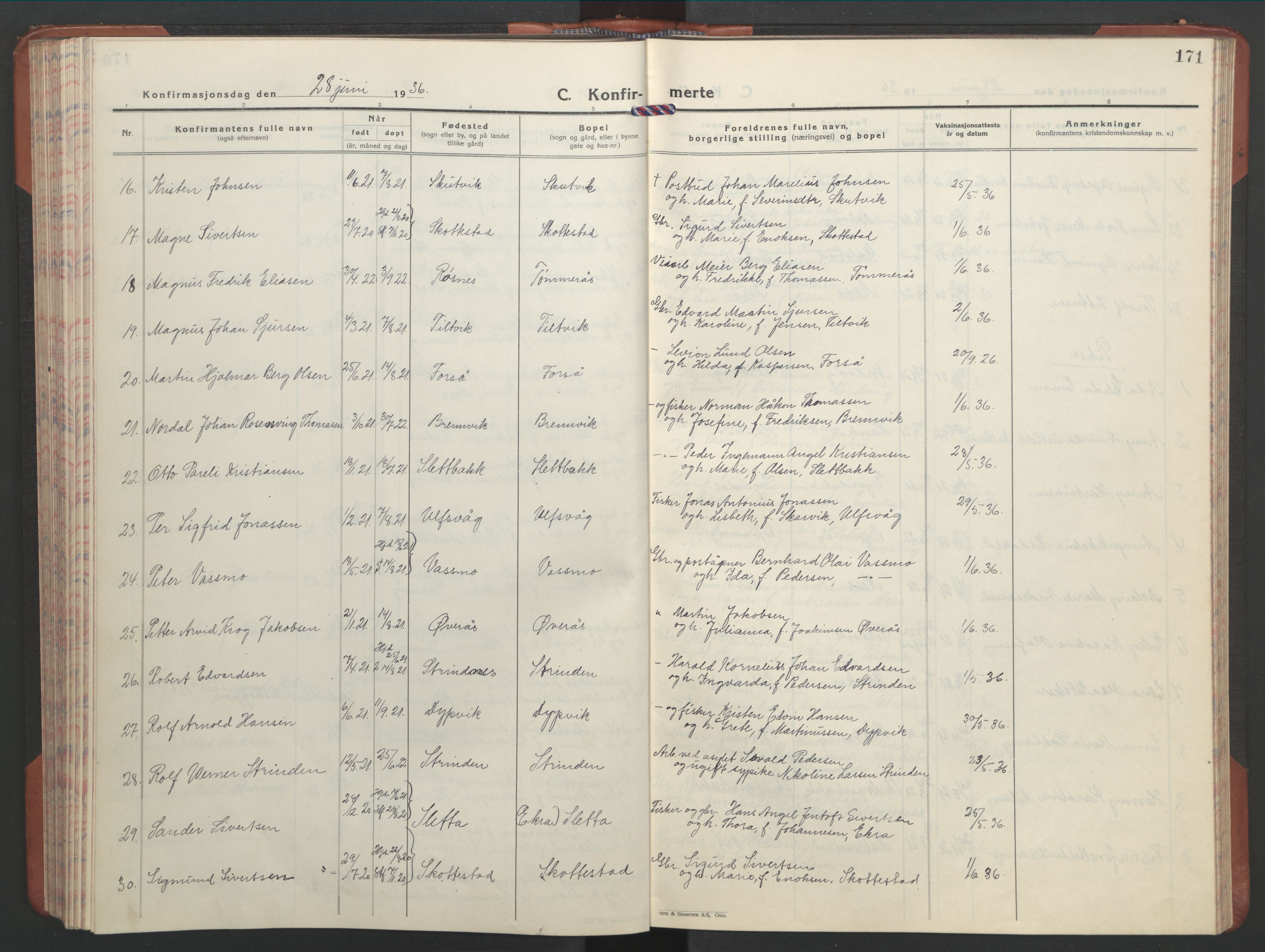 Ministerialprotokoller, klokkerbøker og fødselsregistre - Nordland, AV/SAT-A-1459/859/L0862: Parish register (copy) no. 859C08, 1925-1936, p. 171