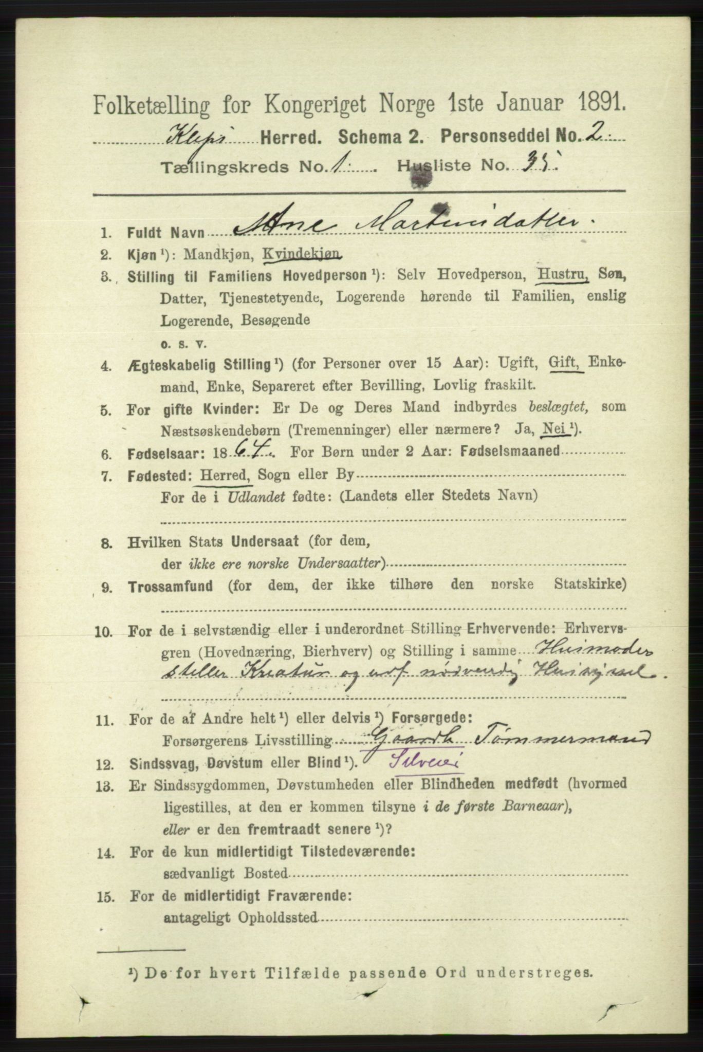 RA, 1891 census for 1120 Klepp, 1891, p. 299