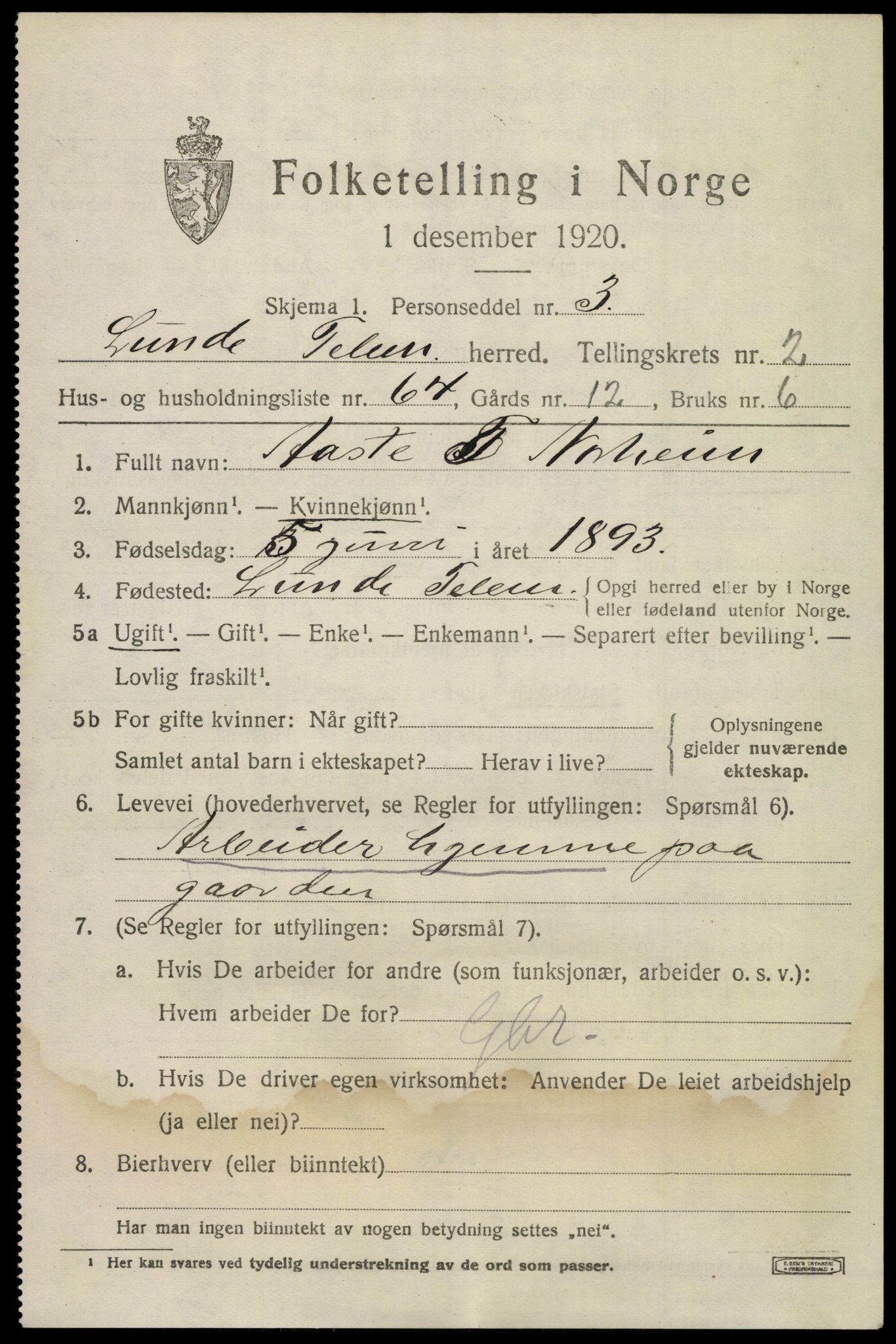 SAKO, 1920 census for Lunde, 1920, p. 2319