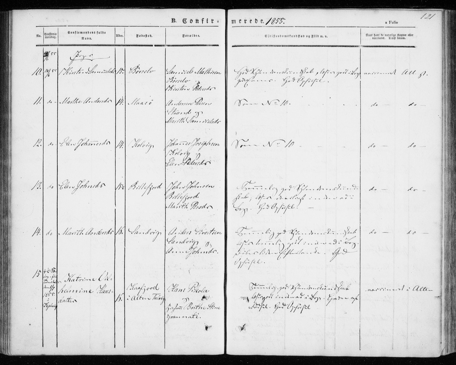 Kistrand/Porsanger sokneprestembete, SATØ/S-1351/H/Ha/L0004.kirke: Parish register (official) no. 4, 1843-1860, p. 121