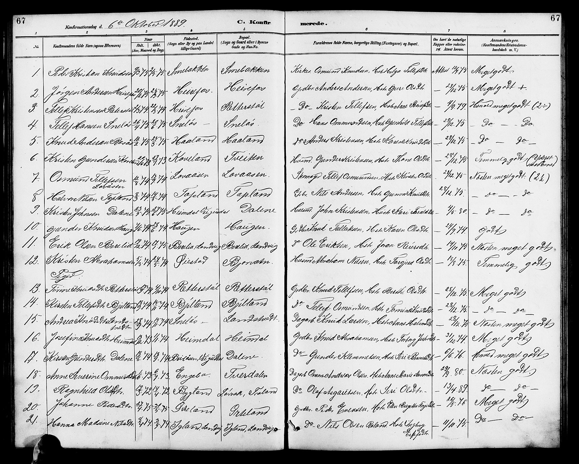 Herefoss sokneprestkontor, AV/SAK-1111-0019/F/Fb/Fba/L0003: Parish register (copy) no. B 3, 1887-1925, p. 67