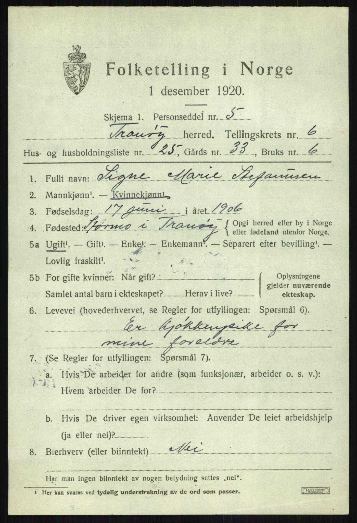 SATØ, 1920 census for Tranøy, 1920, p. 3361