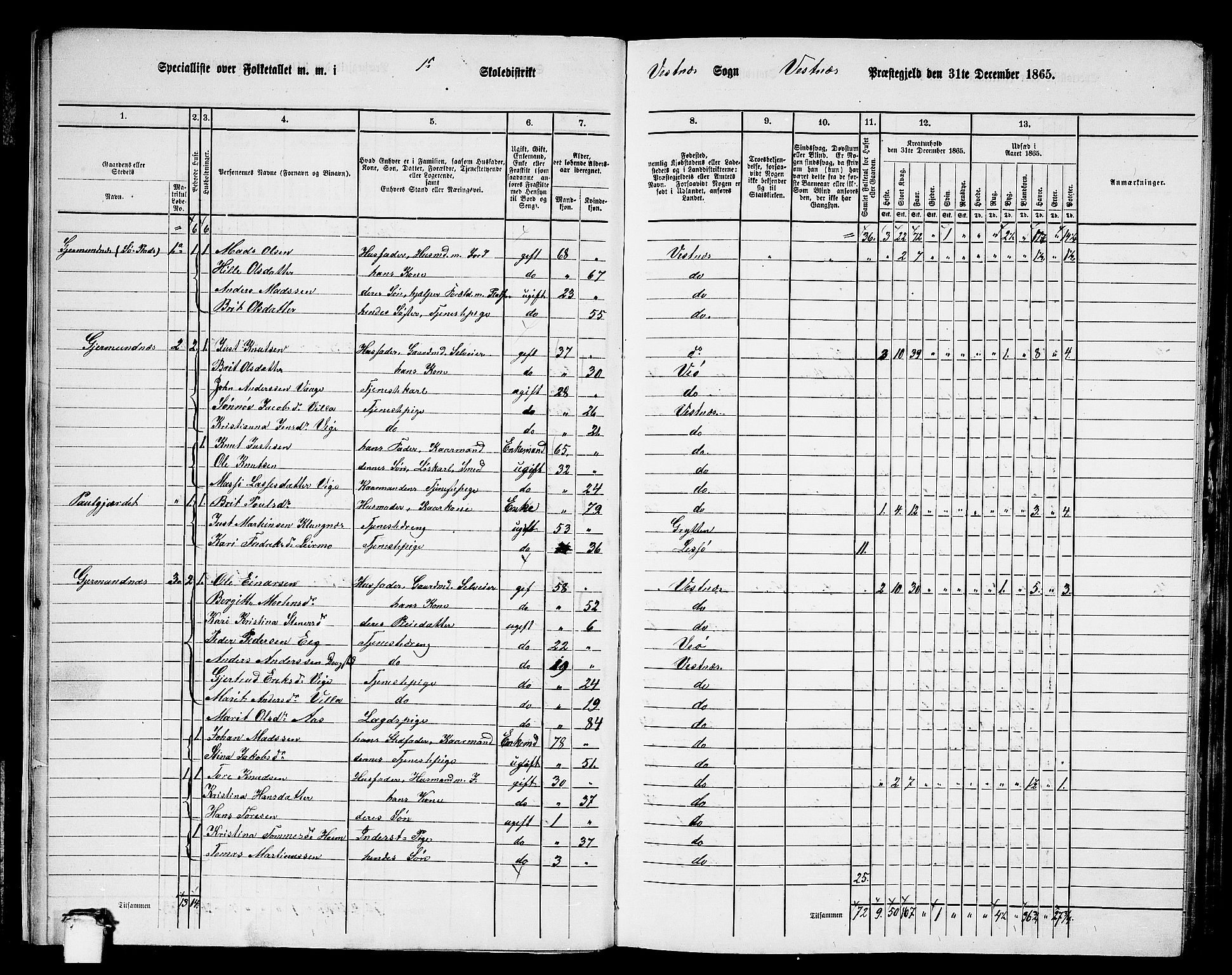 RA, 1865 census for Vestnes, 1865, p. 12