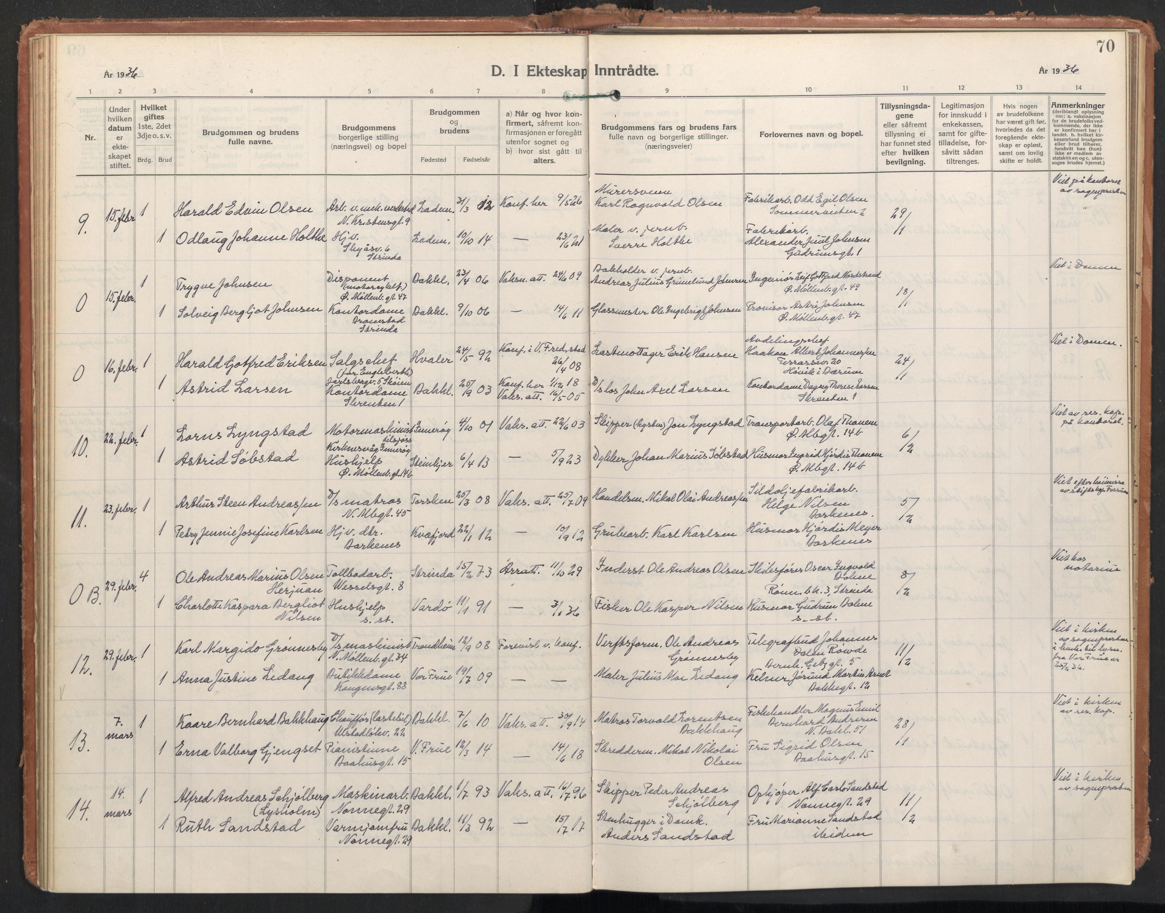 Ministerialprotokoller, klokkerbøker og fødselsregistre - Sør-Trøndelag, SAT/A-1456/604/L0209: Parish register (official) no. 604A29, 1931-1945, p. 70