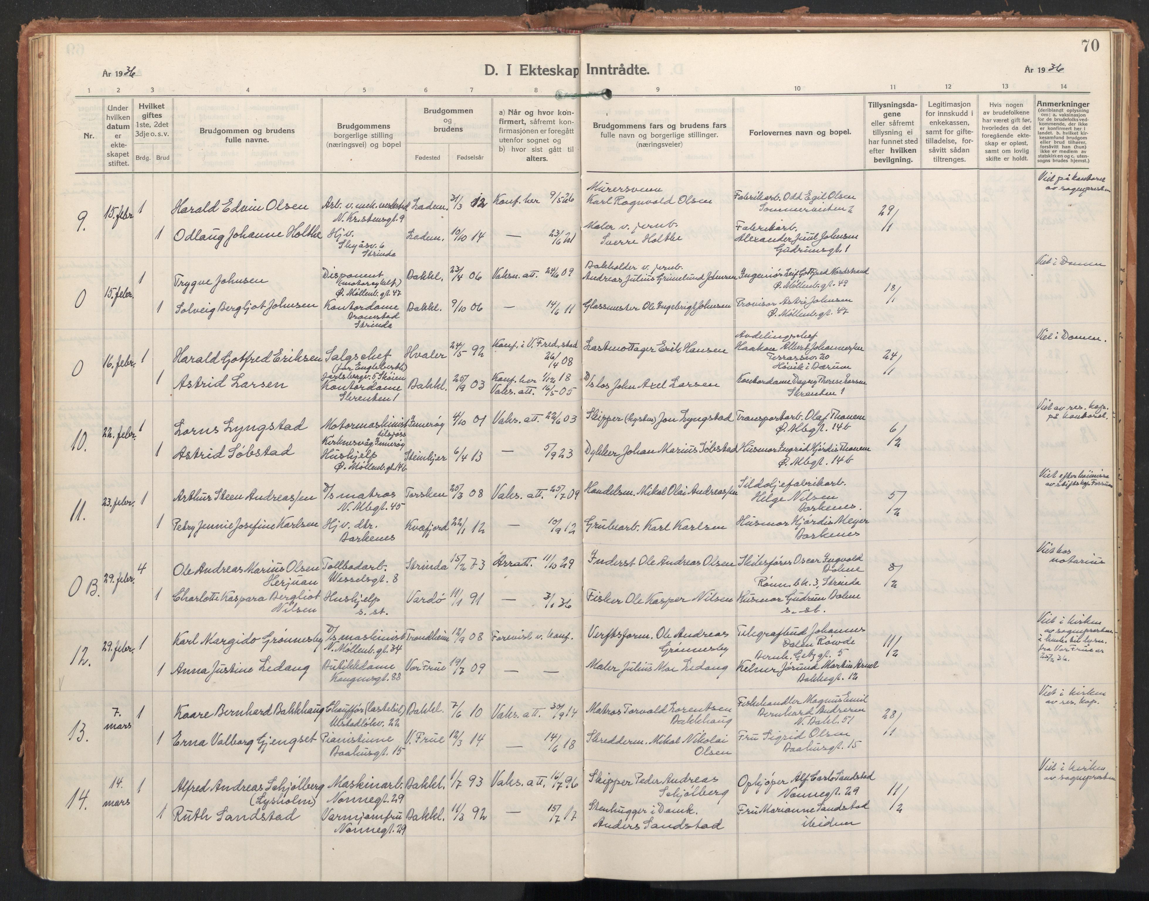 Ministerialprotokoller, klokkerbøker og fødselsregistre - Sør-Trøndelag, AV/SAT-A-1456/604/L0209: Parish register (official) no. 604A29, 1931-1945, p. 70