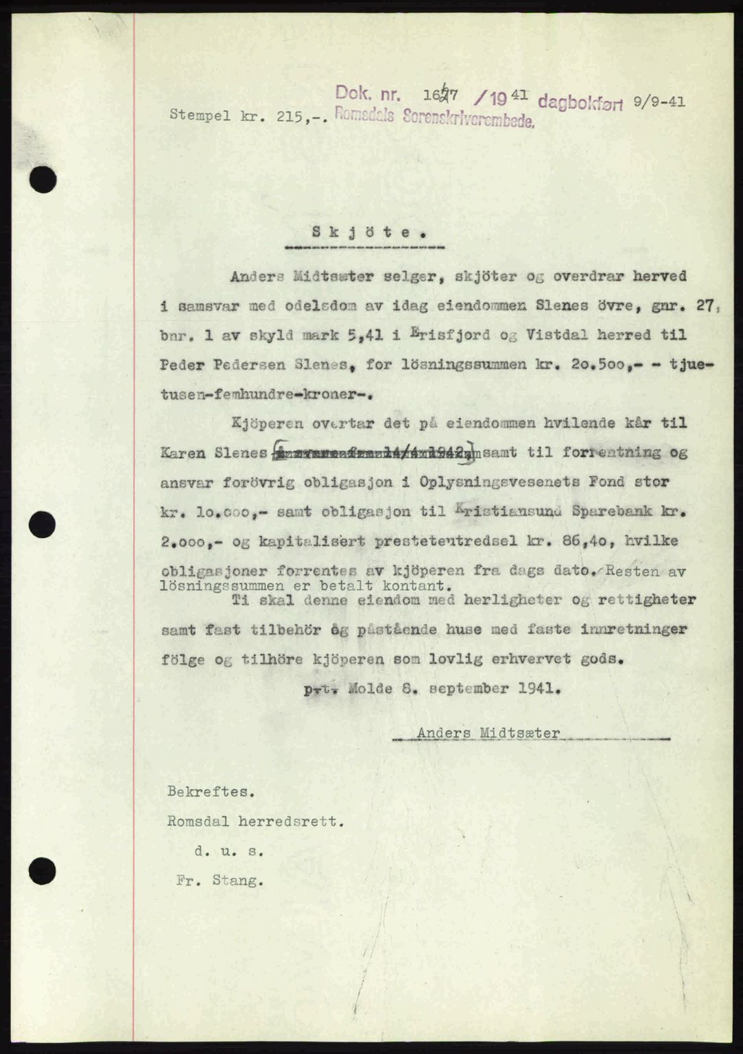 Romsdal sorenskriveri, AV/SAT-A-4149/1/2/2C: Mortgage book no. A10, 1941-1941, Diary no: : 1627/1941