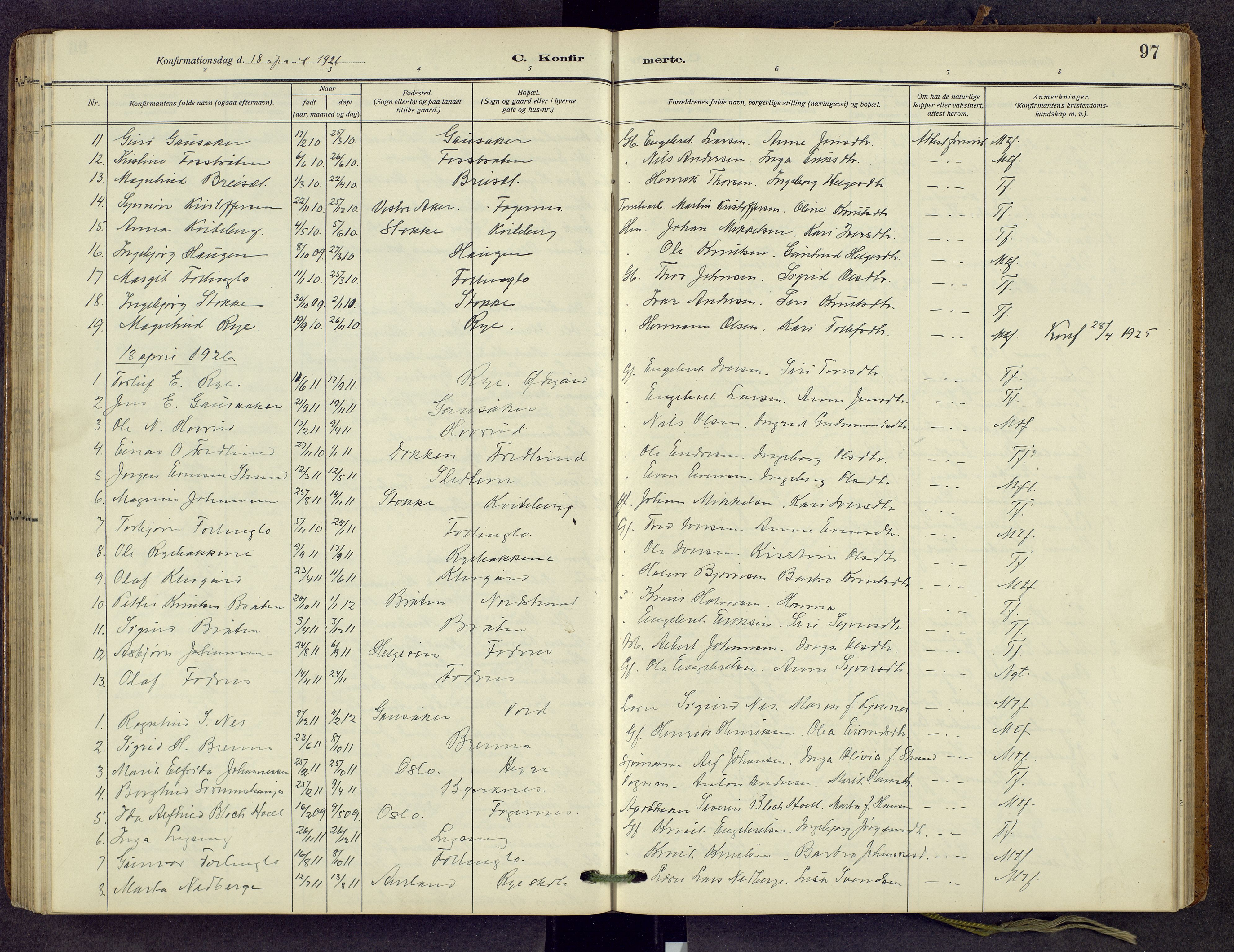 Nord-Aurdal prestekontor, AV/SAH-PREST-132/H/Ha/Hab/L0013: Parish register (copy) no. 13, 1911-1948, p. 97