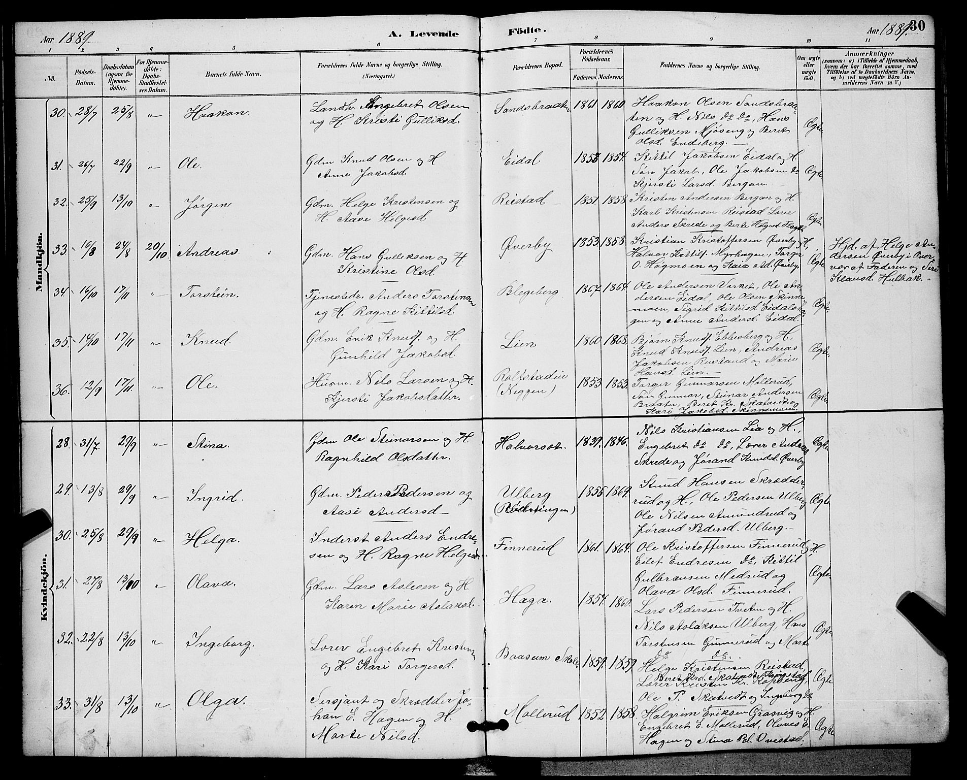 Sigdal kirkebøker, AV/SAKO-A-245/G/Ga/L0005: Parish register (copy) no. I 5, 1886-1900, p. 30