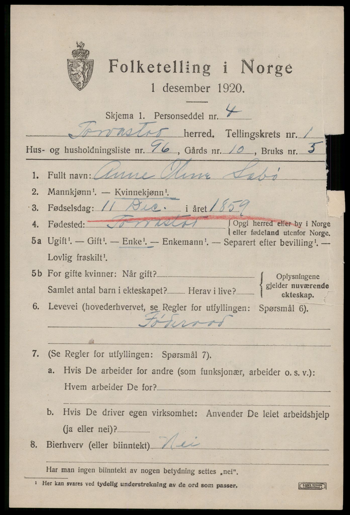 SAST, 1920 census for Torvastad, 1920, p. 1988