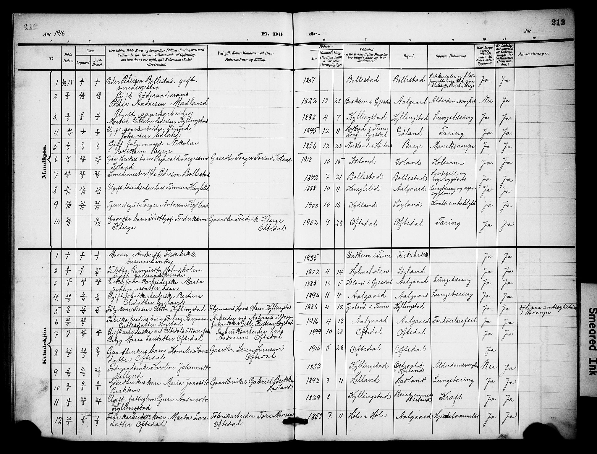 Lye sokneprestkontor, SAST/A-101794/001/30BB/L0009: Parish register (copy) no. B 9, 1902-1923, p. 212