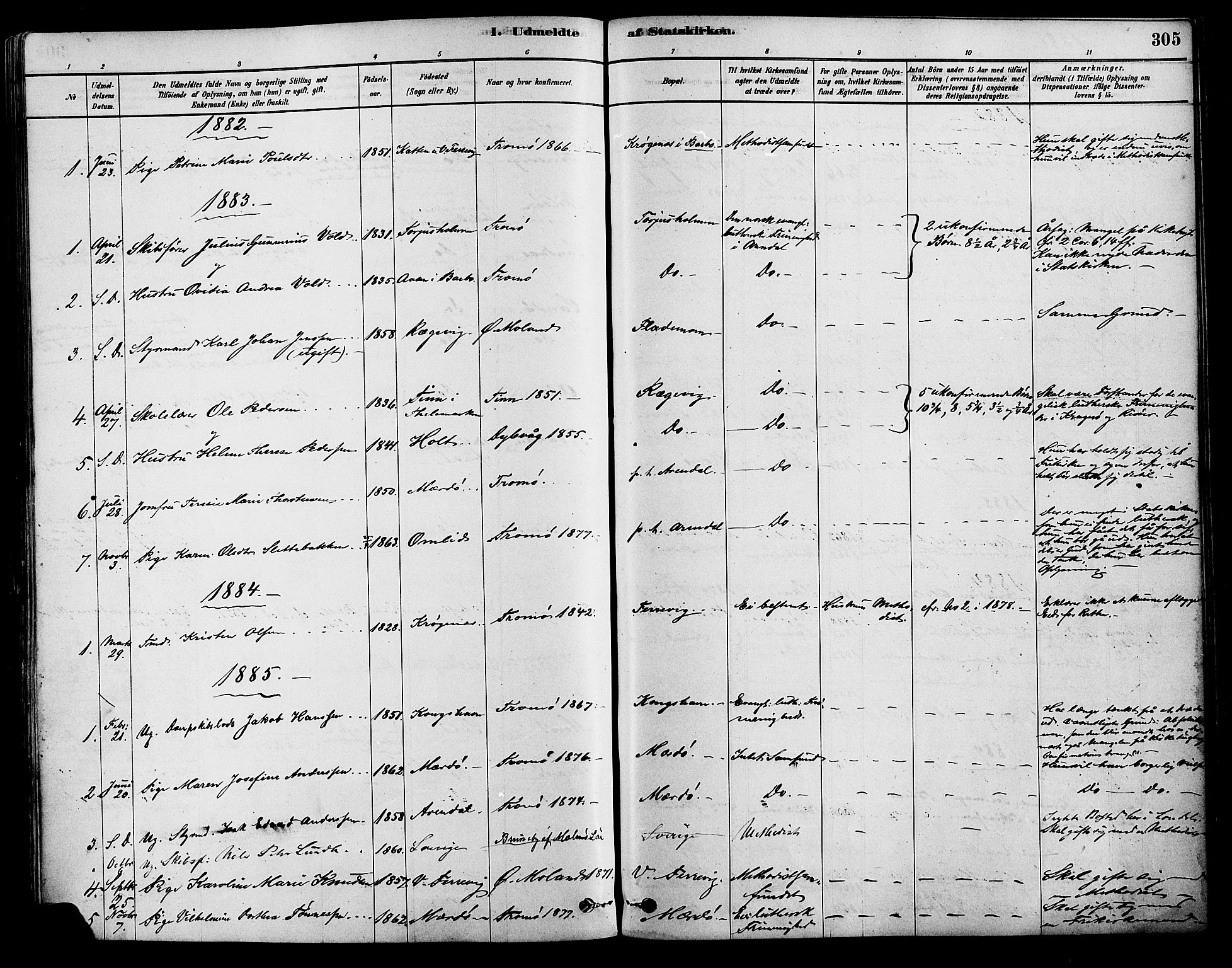 Tromøy sokneprestkontor, AV/SAK-1111-0041/F/Fa/L0009: Parish register (official) no. A 9, 1878-1896, p. 305