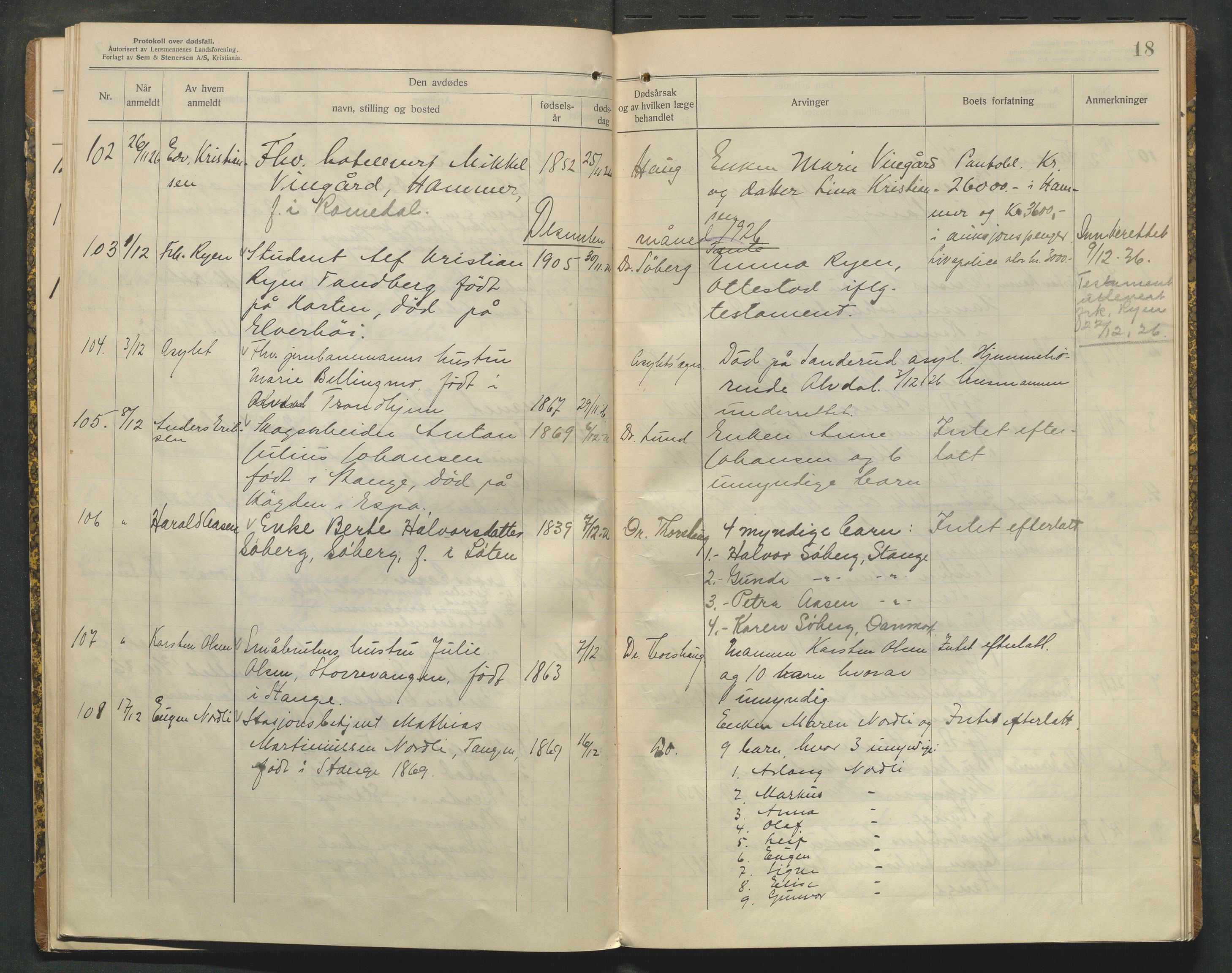 Stange lensmannskontor, AV/SAH-LHS-020/H/Ha/Haa/L0001/0005: Dødsfallsprotokoller / Dødsfallsprotokoll, 1925-1929, p. 18