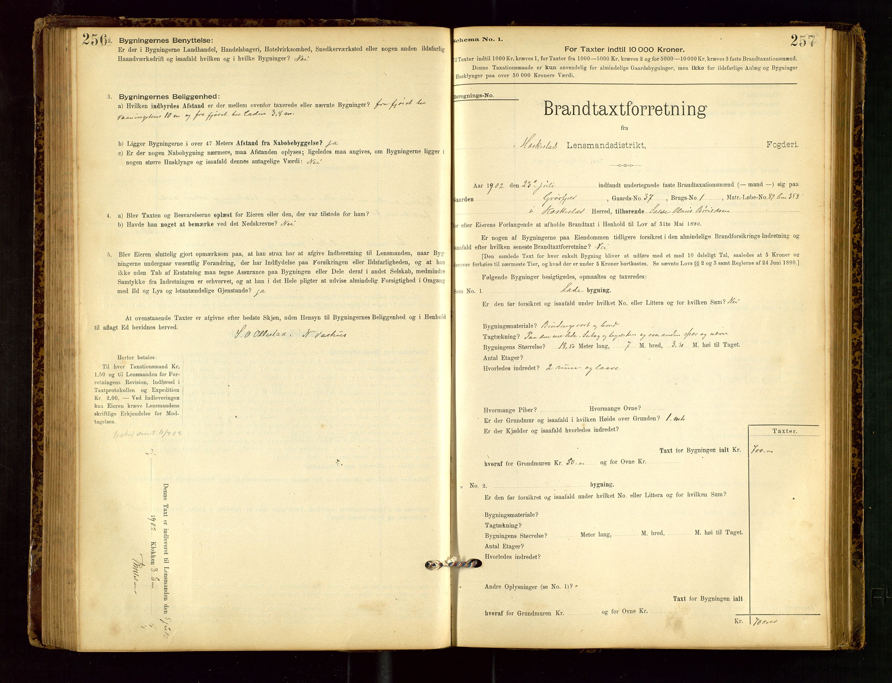 Heskestad lensmannskontor, AV/SAST-A-100304/Gob/L0001: "Brandtaxationsprotokol", 1894-1915, p. 256-257