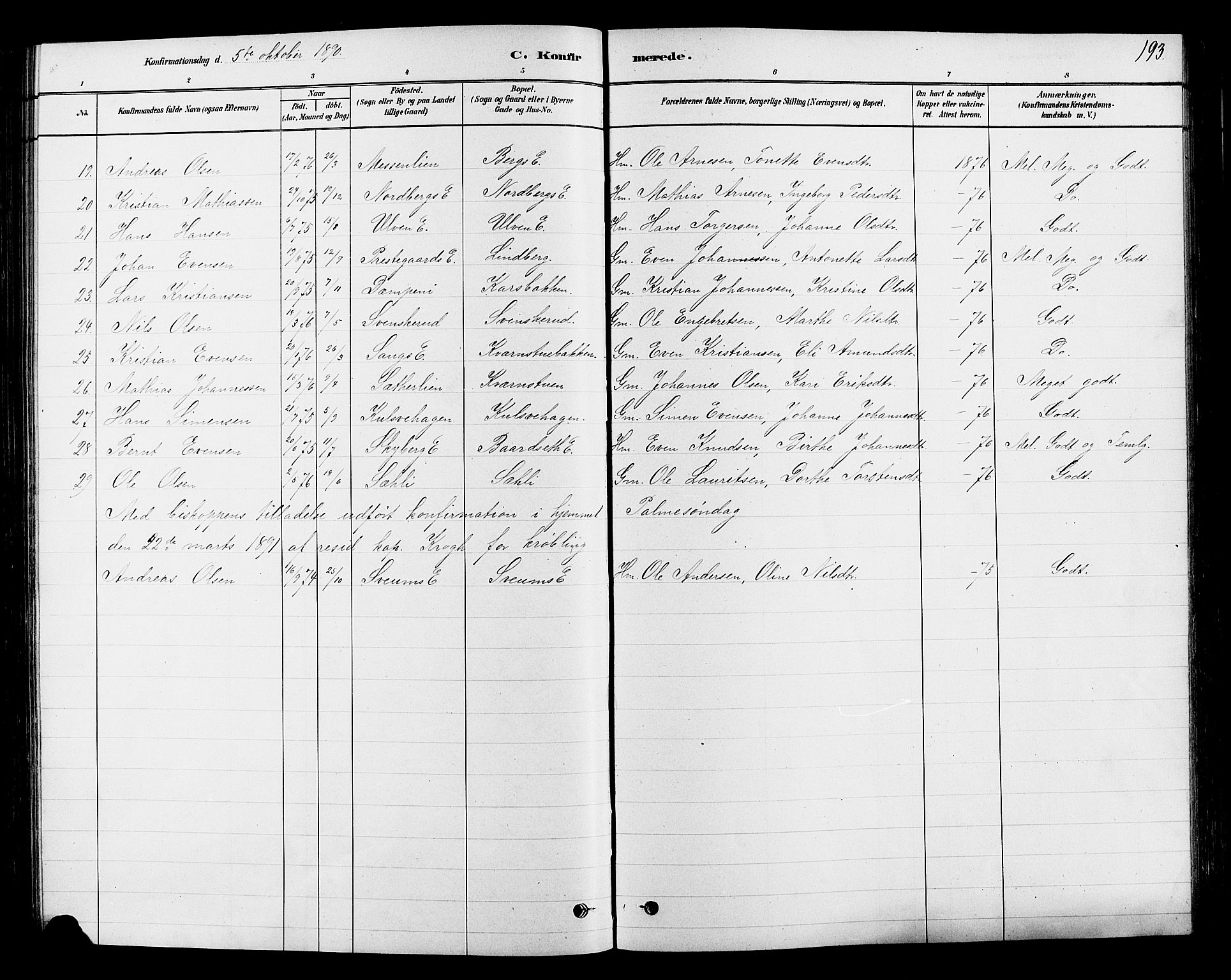 Ringsaker prestekontor, SAH/PREST-014/L/La/L0009: Parish register (copy) no. 9, 1879-1890, p. 193