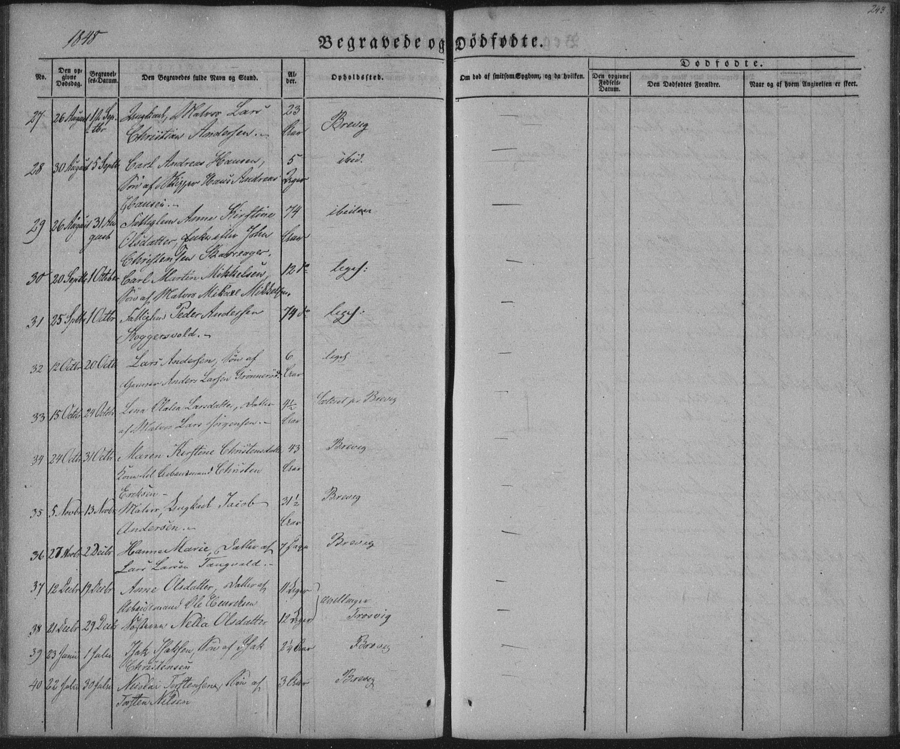 Brevik kirkebøker, AV/SAKO-A-255/F/Fa/L0005: Parish register (official) no. 5, 1847-1865, p. 243