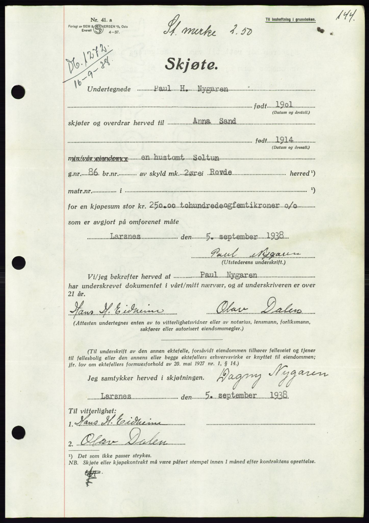 Søre Sunnmøre sorenskriveri, AV/SAT-A-4122/1/2/2C/L0066: Mortgage book no. 60, 1938-1938, Diary no: : 1272/1938