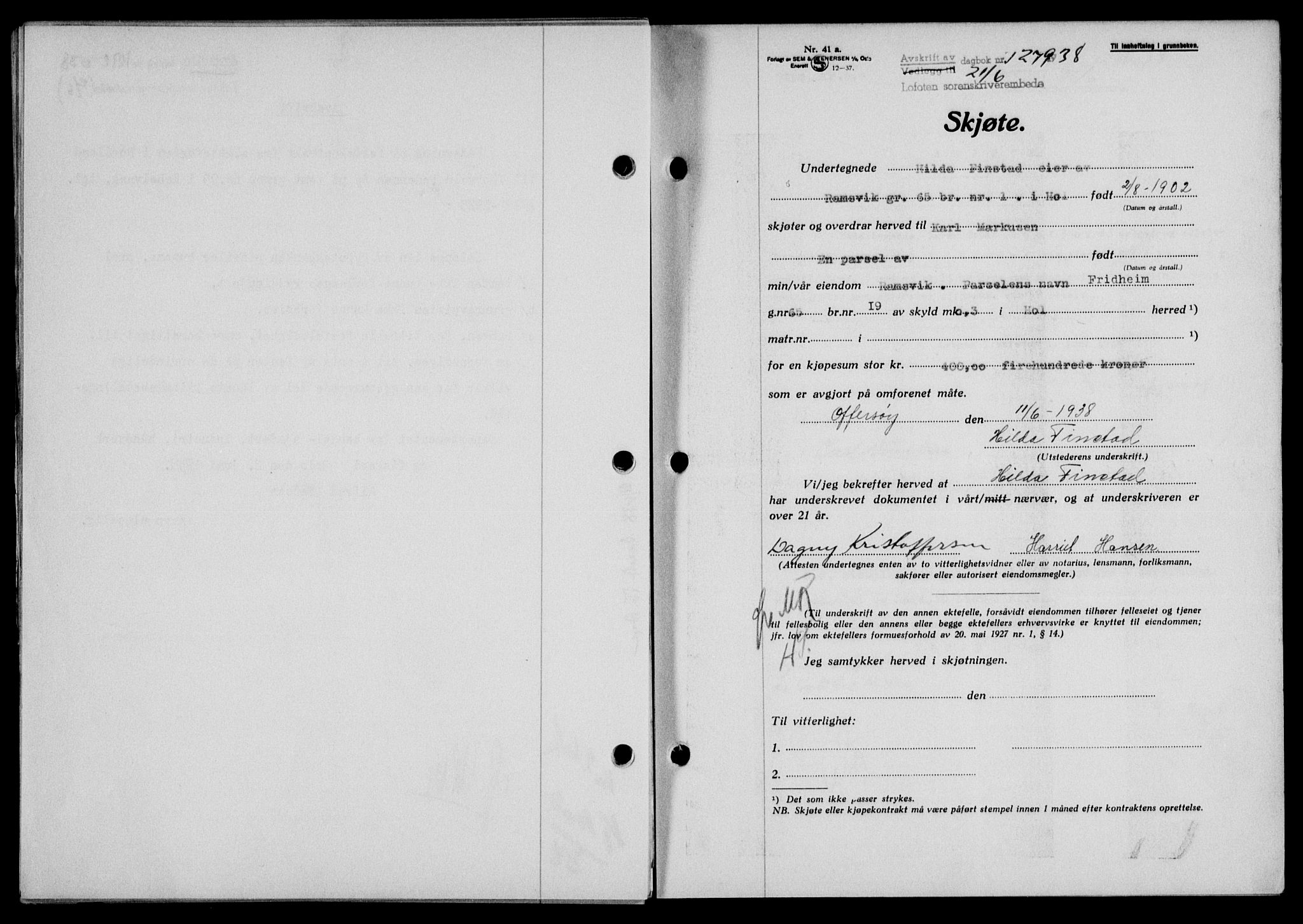 Lofoten sorenskriveri, SAT/A-0017/1/2/2C/L0004a: Mortgage book no. 4a, 1938-1938, Diary no: : 1279/1938