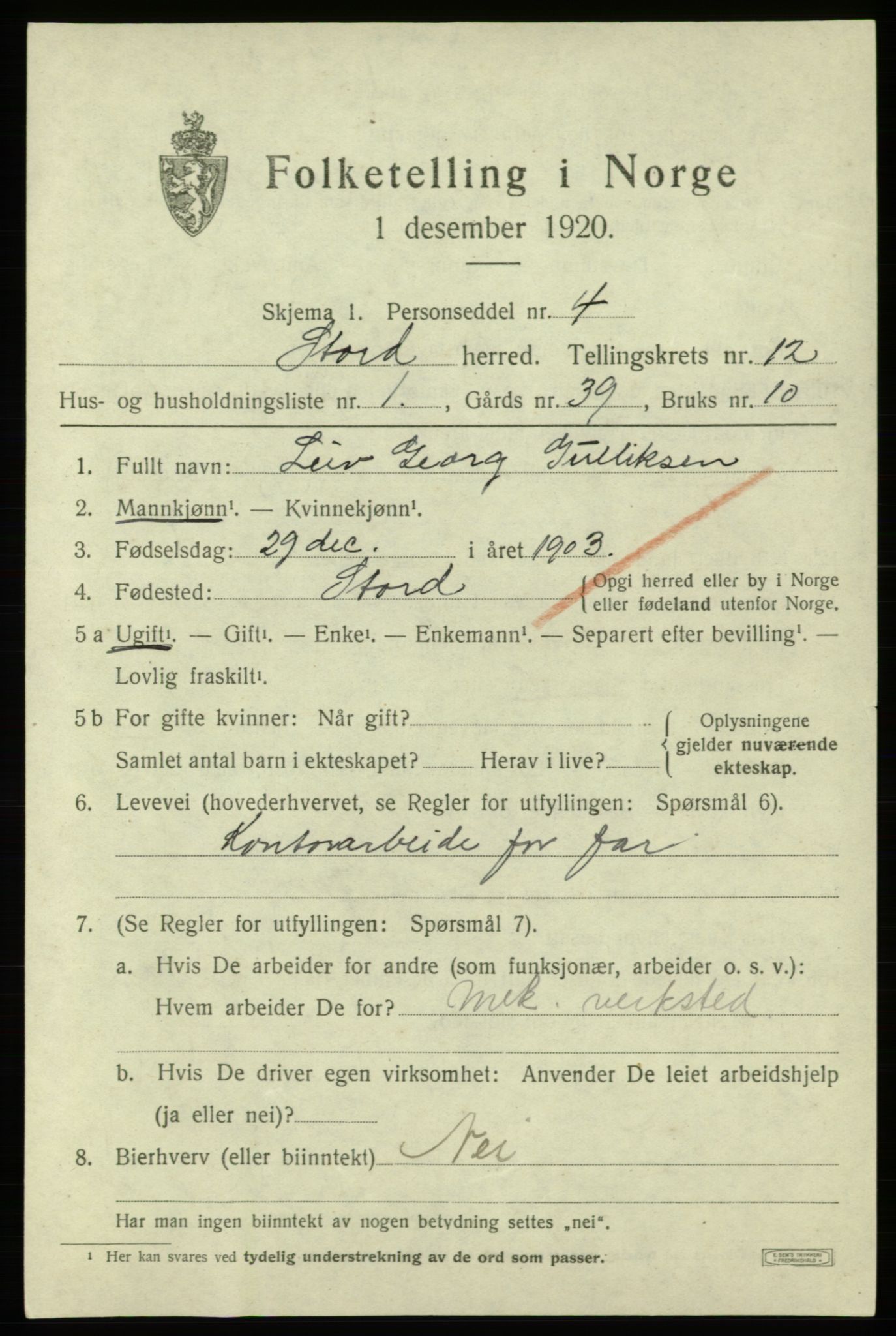 SAB, 1920 census for Stord, 1920, p. 7003