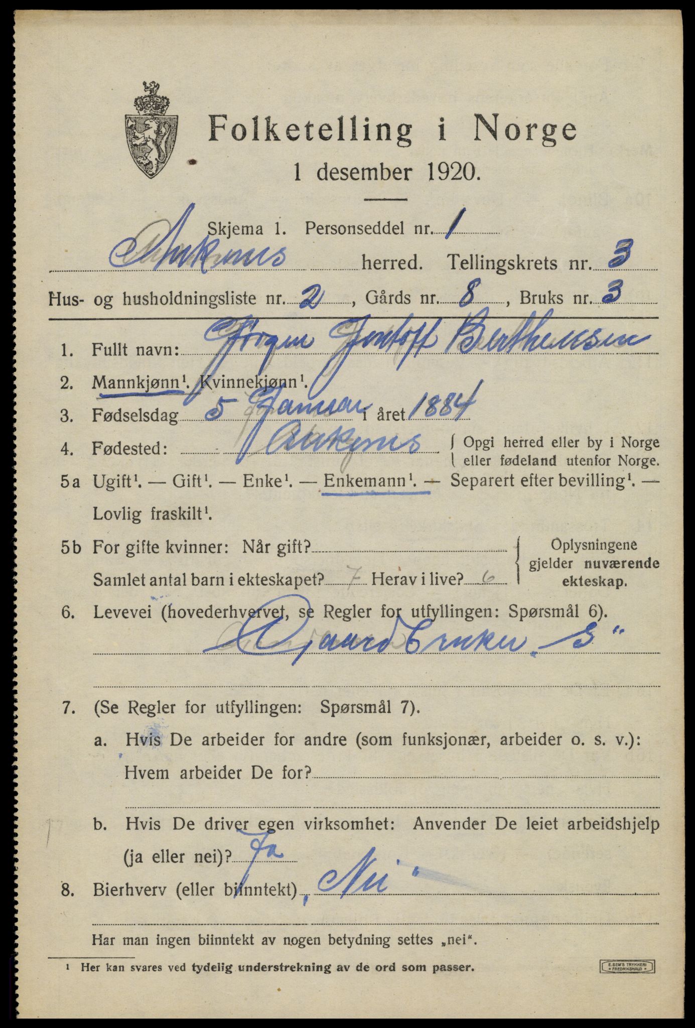 SAT, 1920 census for Ankenes, 1920, p. 1713