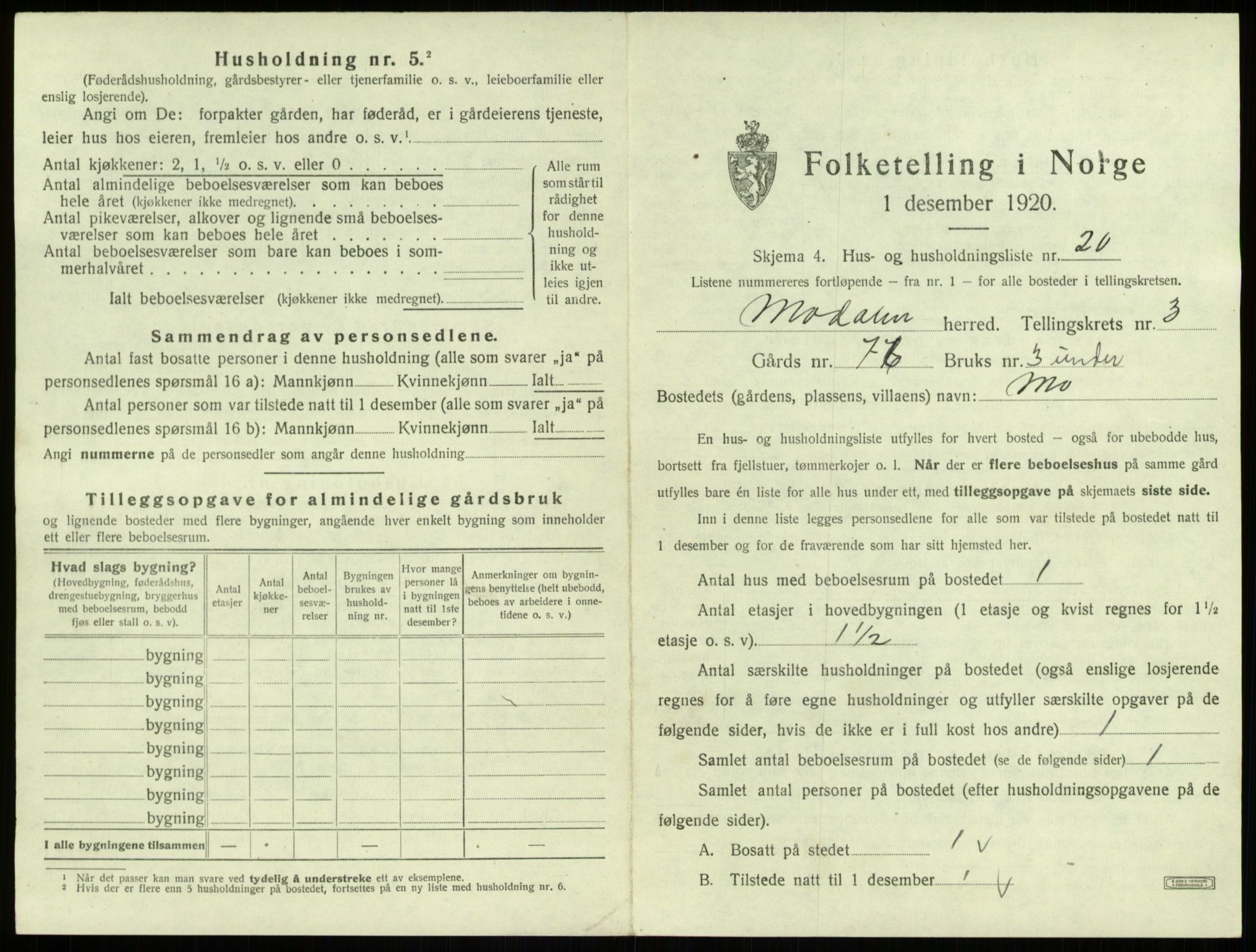 SAB, 1920 census for Modalen, 1920, p. 115