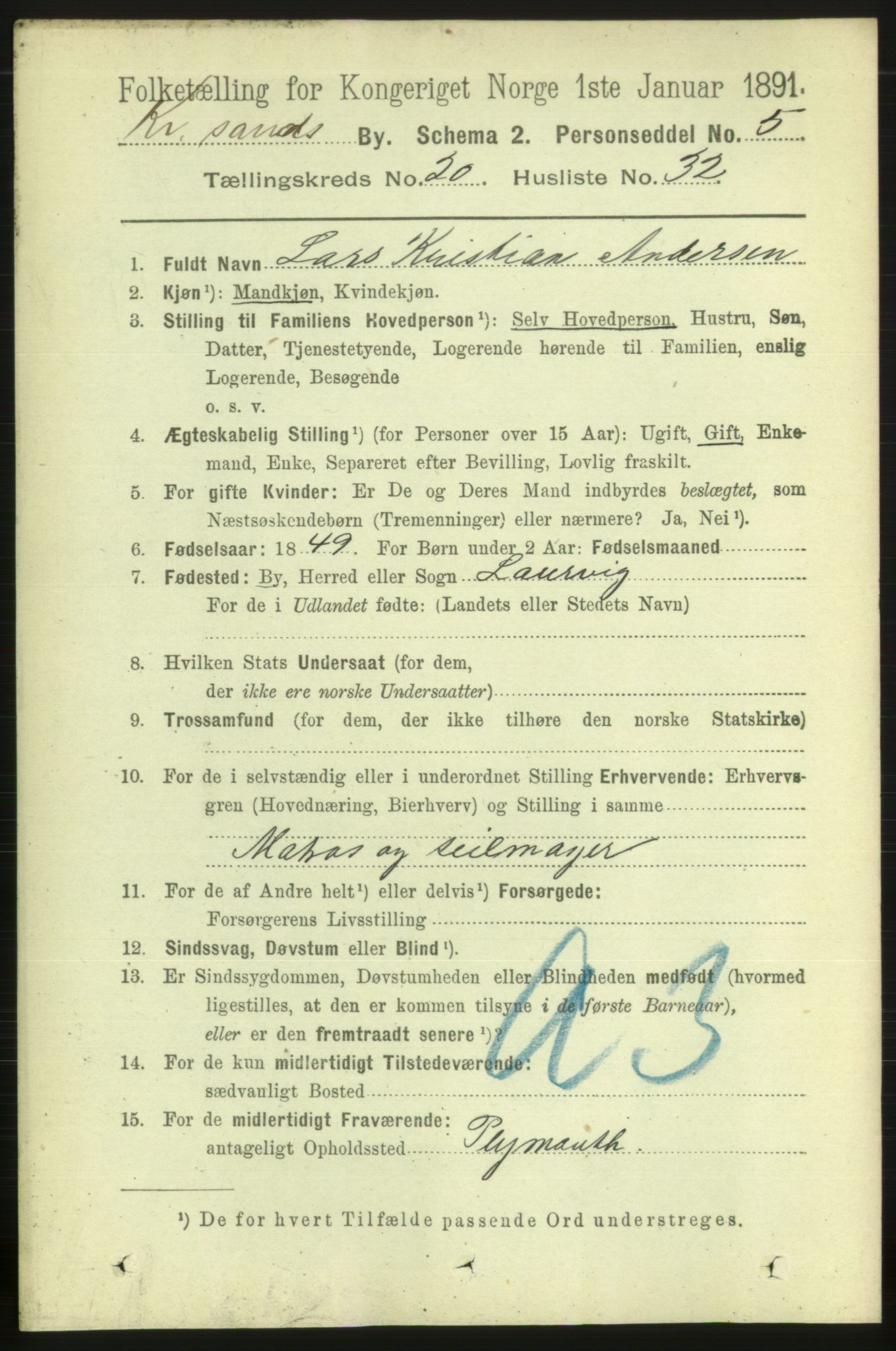 RA, 1891 census for 1001 Kristiansand, 1891, p. 7745