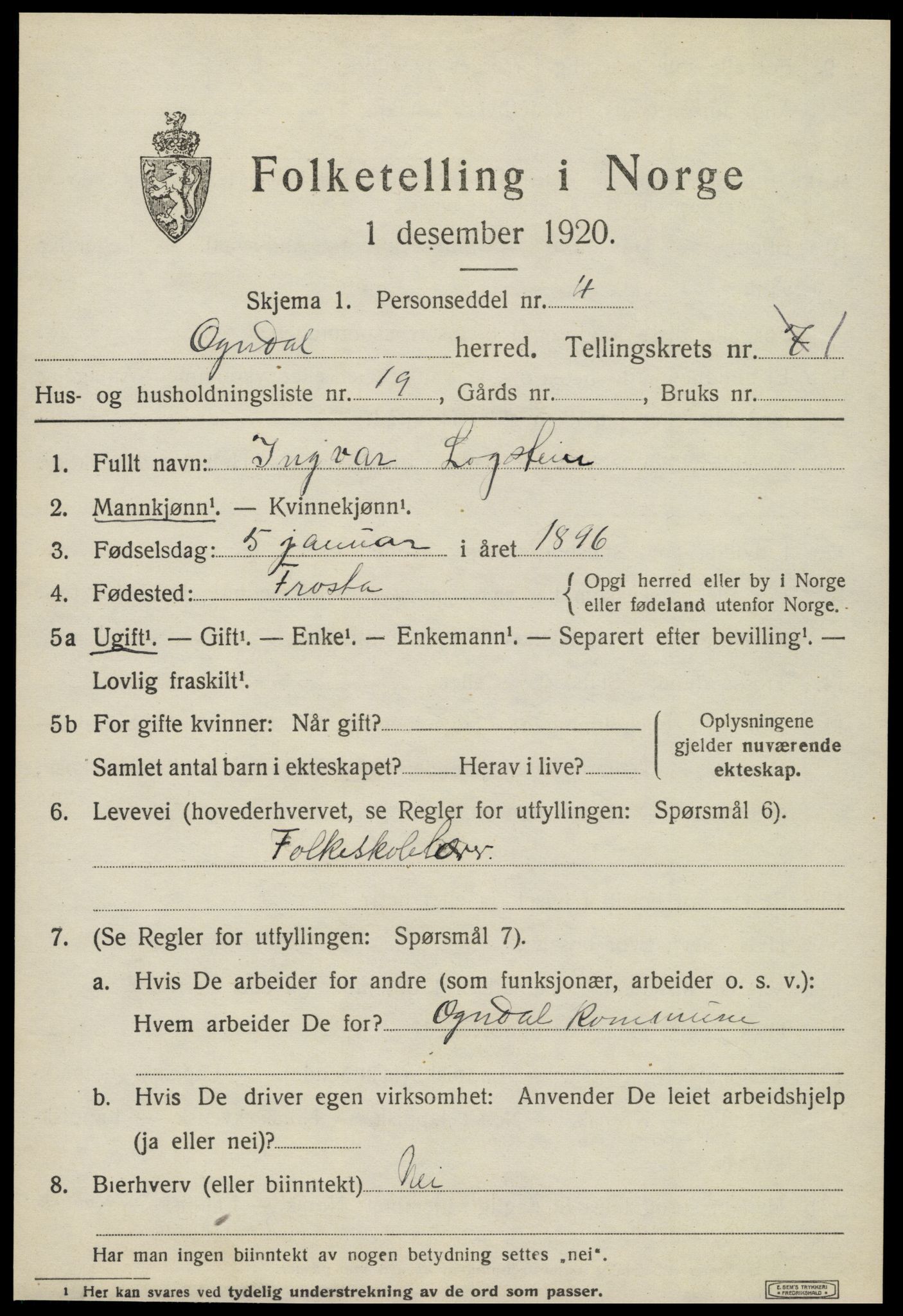 SAT, 1920 census for Ogndal, 1920, p. 701