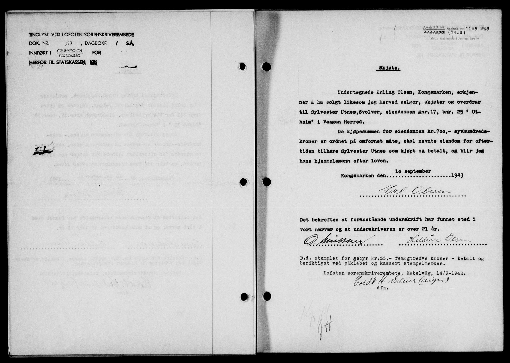 Lofoten sorenskriveri, SAT/A-0017/1/2/2C/L0011a: Mortgage book no. 11a, 1943-1943, Diary no: : 1105/1943