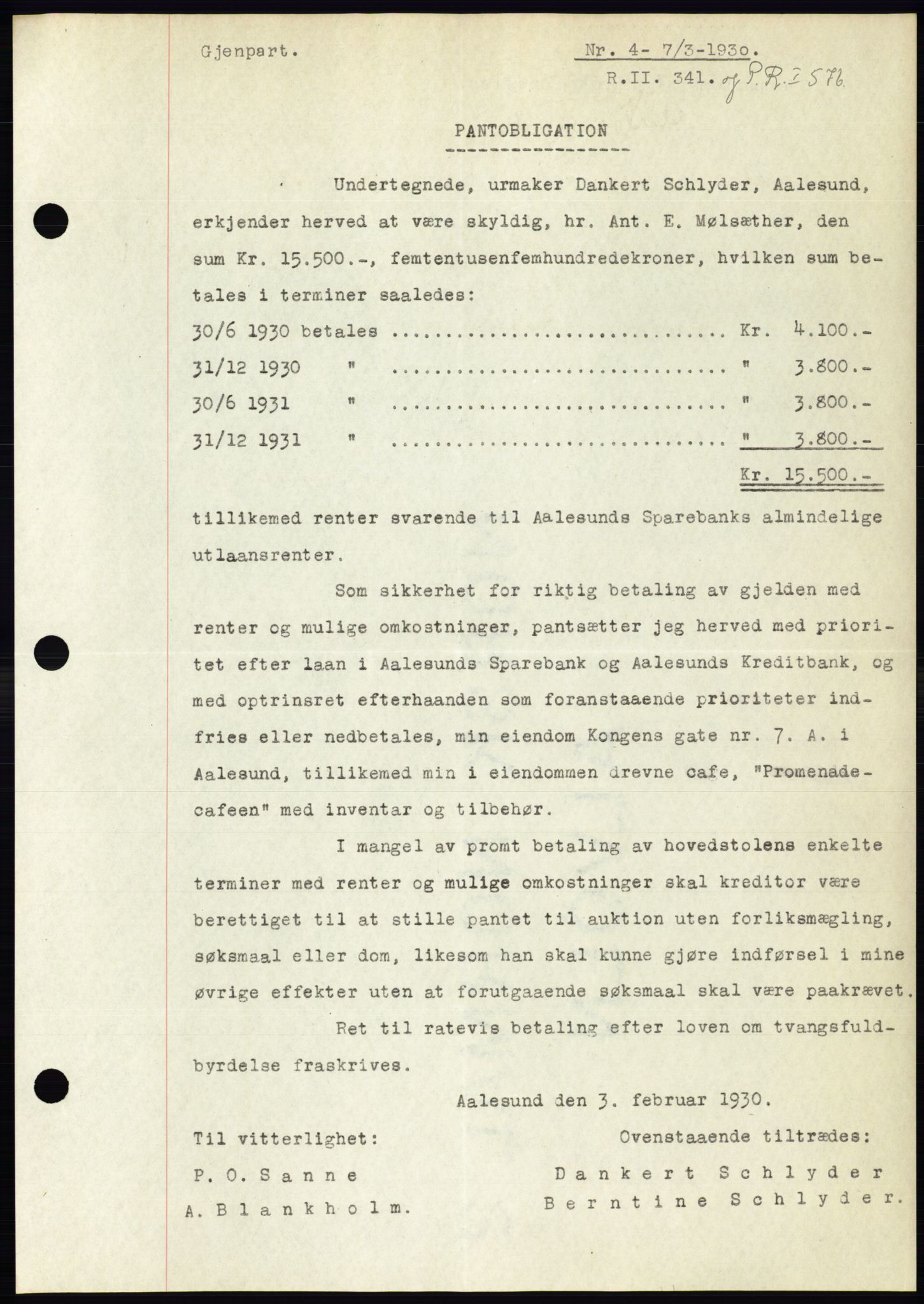 Ålesund byfogd, AV/SAT-A-4384: Mortgage book no. 26, 1930-1930, Deed date: 07.03.1930