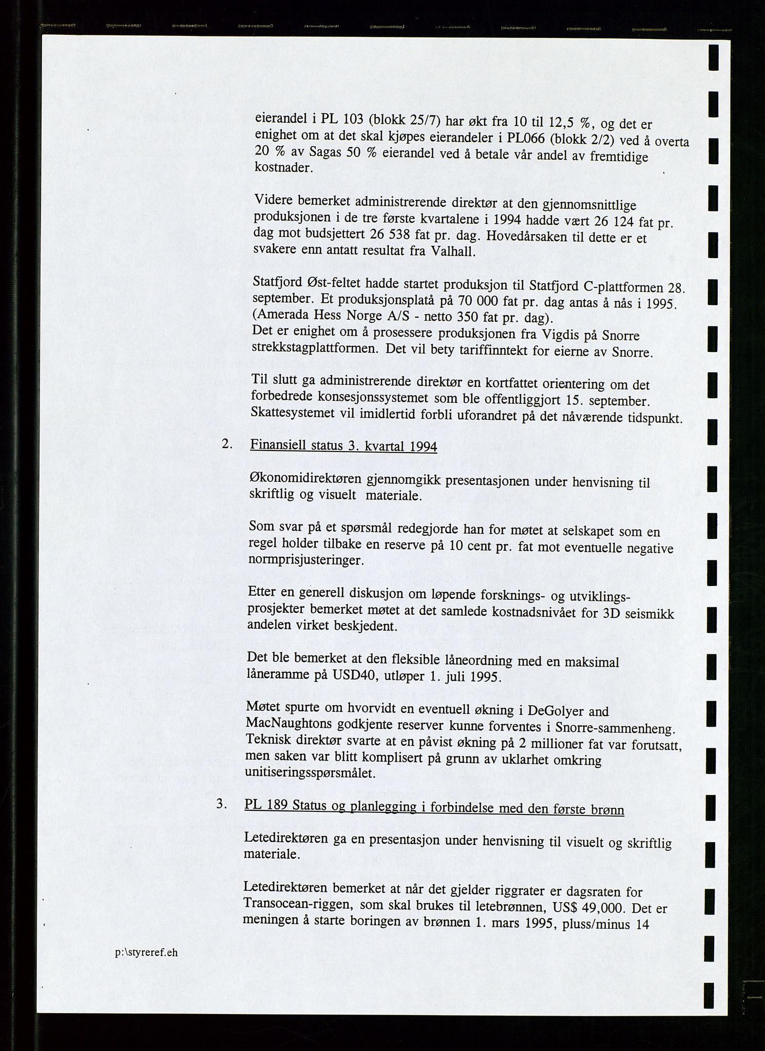 Pa 1766 - Hess Norge AS, AV/SAST-A-102451/A/Aa/L0001: Referater og sakspapirer, 1995-1997, p. 11