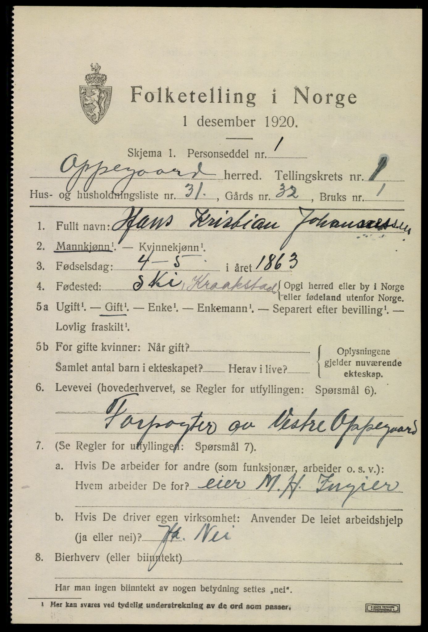 SAO, 1920 census for Oppegård, 1920, p. 1655