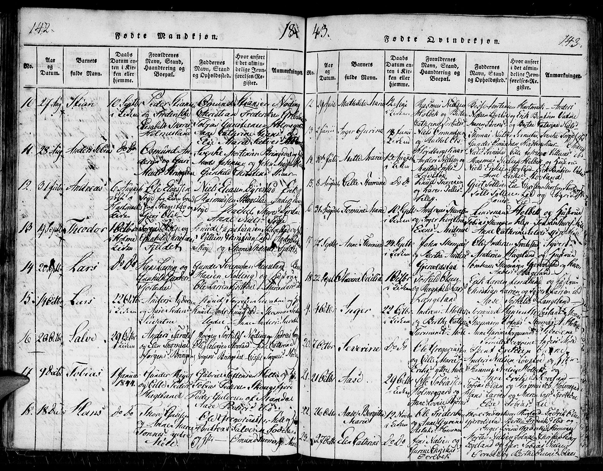 Holum sokneprestkontor, AV/SAK-1111-0022/F/Fa/Faa/L0004: Parish register (official) no. A 4, 1820-1849, p. 142-143