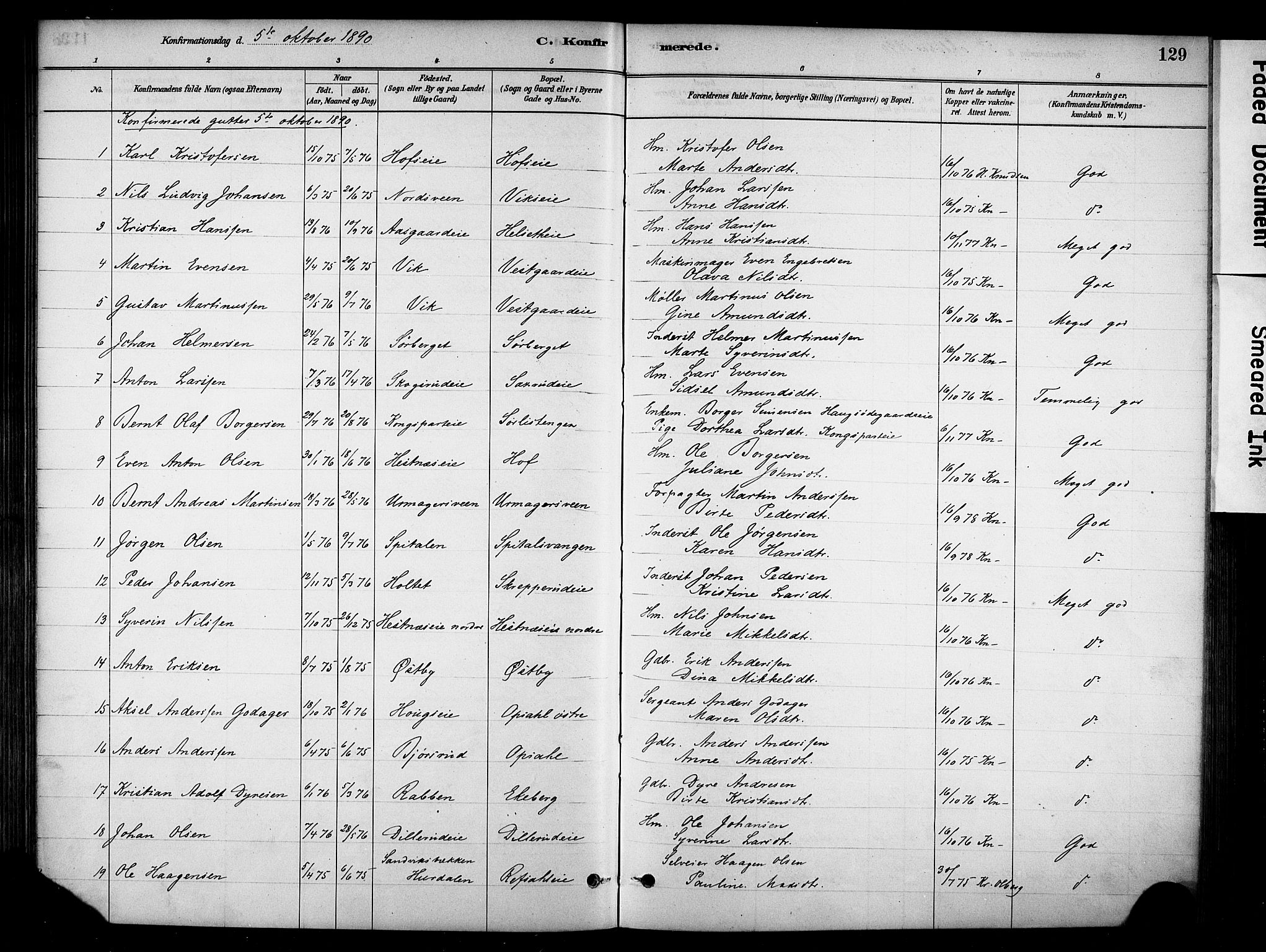 Stange prestekontor, SAH/PREST-002/K/L0018: Parish register (official) no. 18, 1880-1896, p. 129