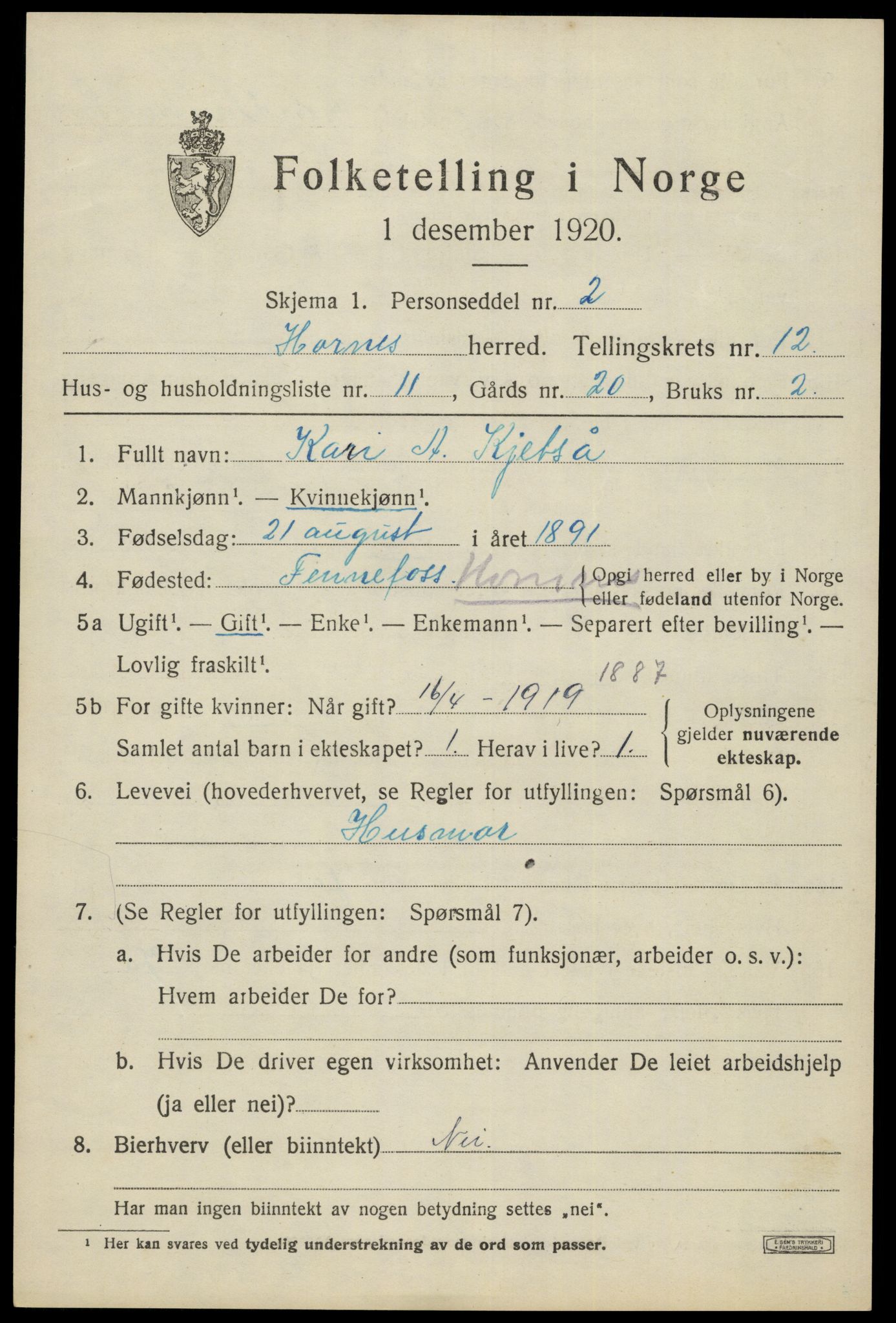 SAK, 1920 census for Hornnes, 1920, p. 3009