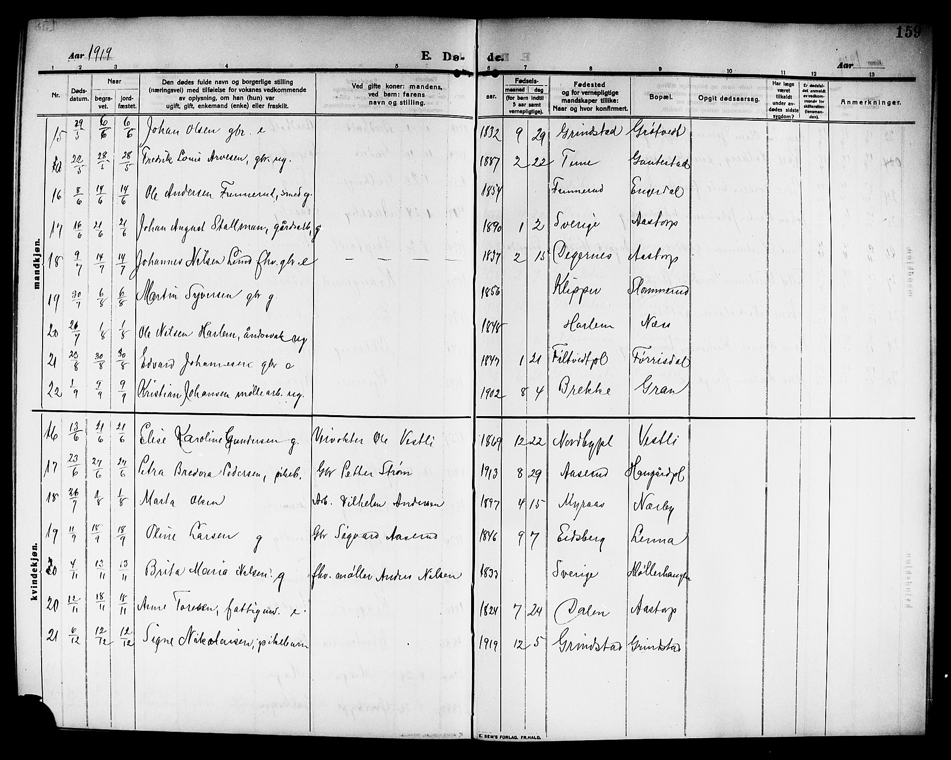 Rakkestad prestekontor Kirkebøker, AV/SAO-A-2008/G/Ga/L0001: Parish register (copy) no. I 1, 1909-1920, p. 159